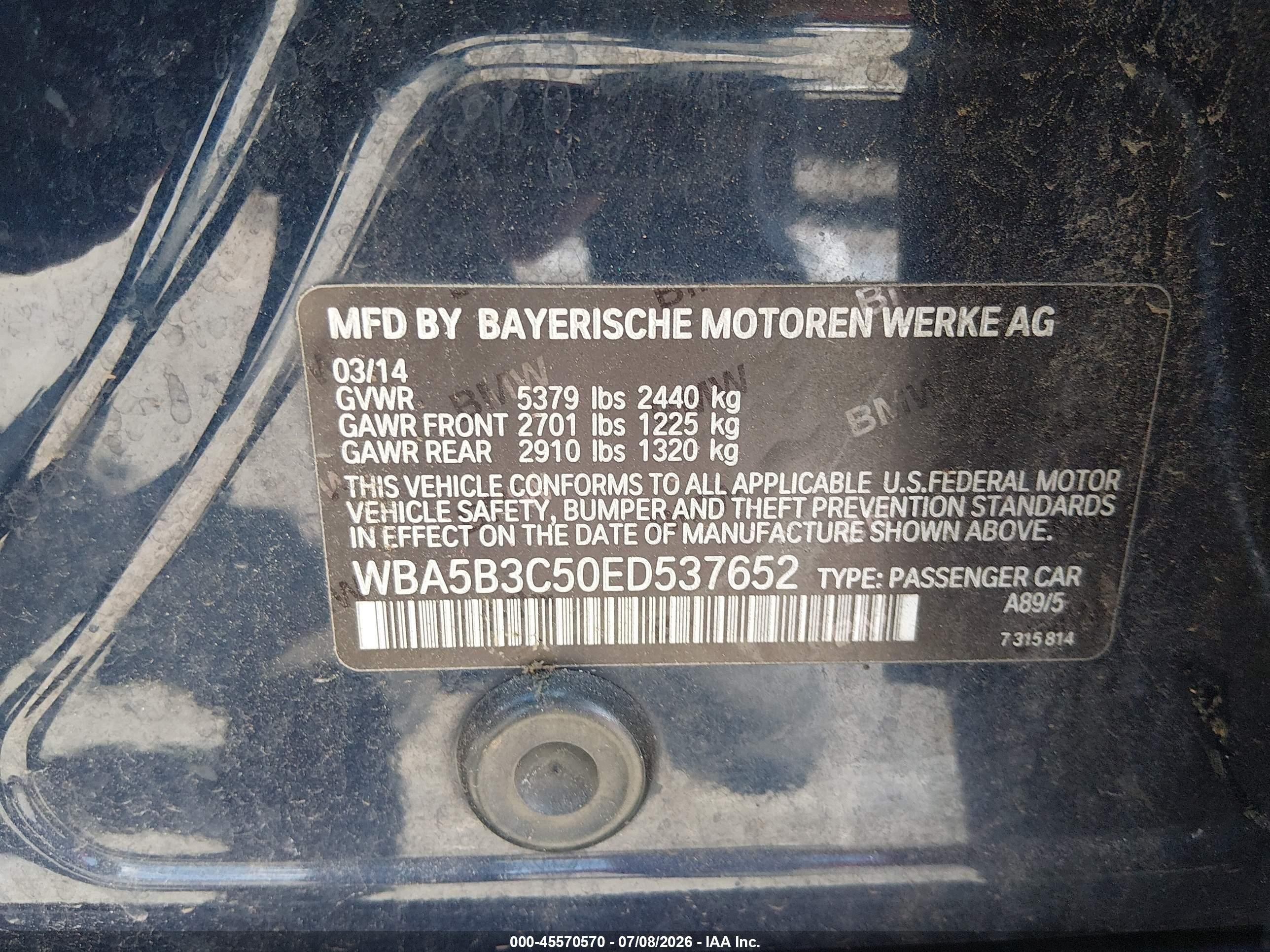 2014 Bmw 535i Xdrive Navy vin: WBA5B3C50ED537652