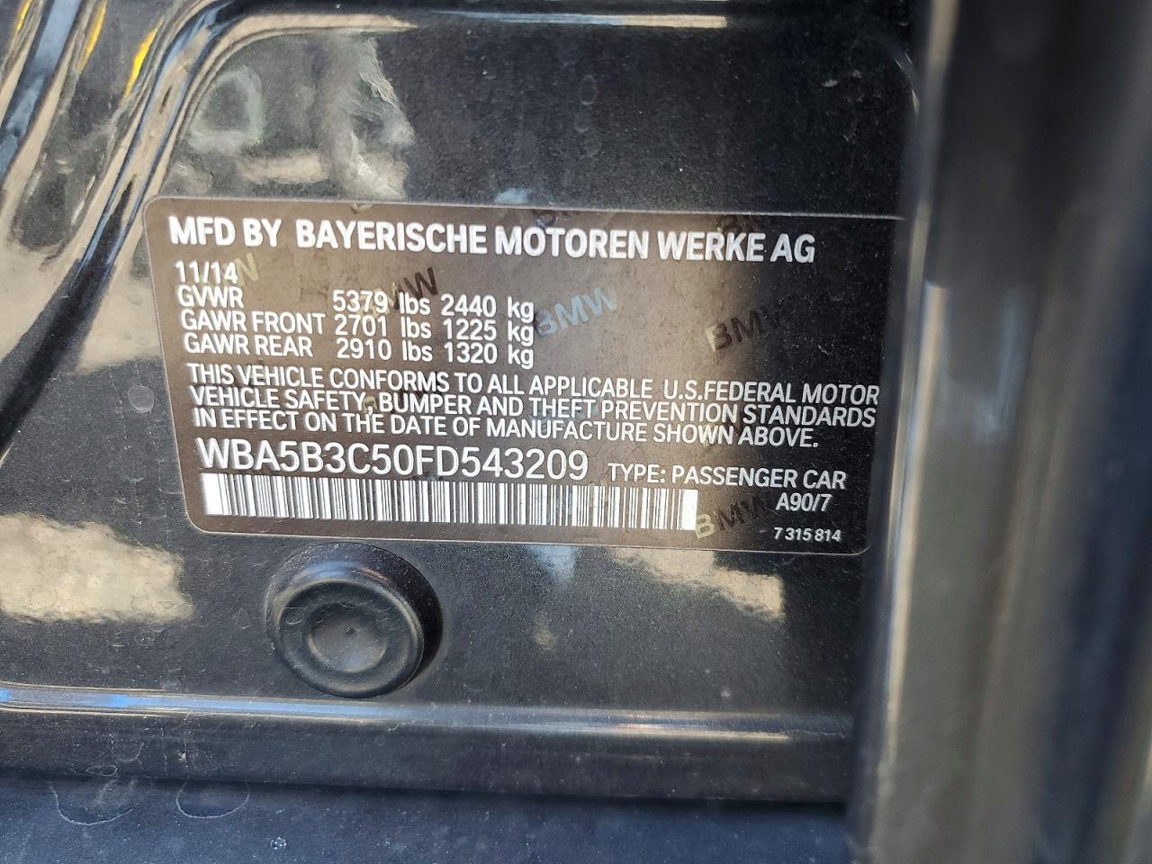 2015 Bmw 535 Xi Black vin: WBA5B3C50FD543209