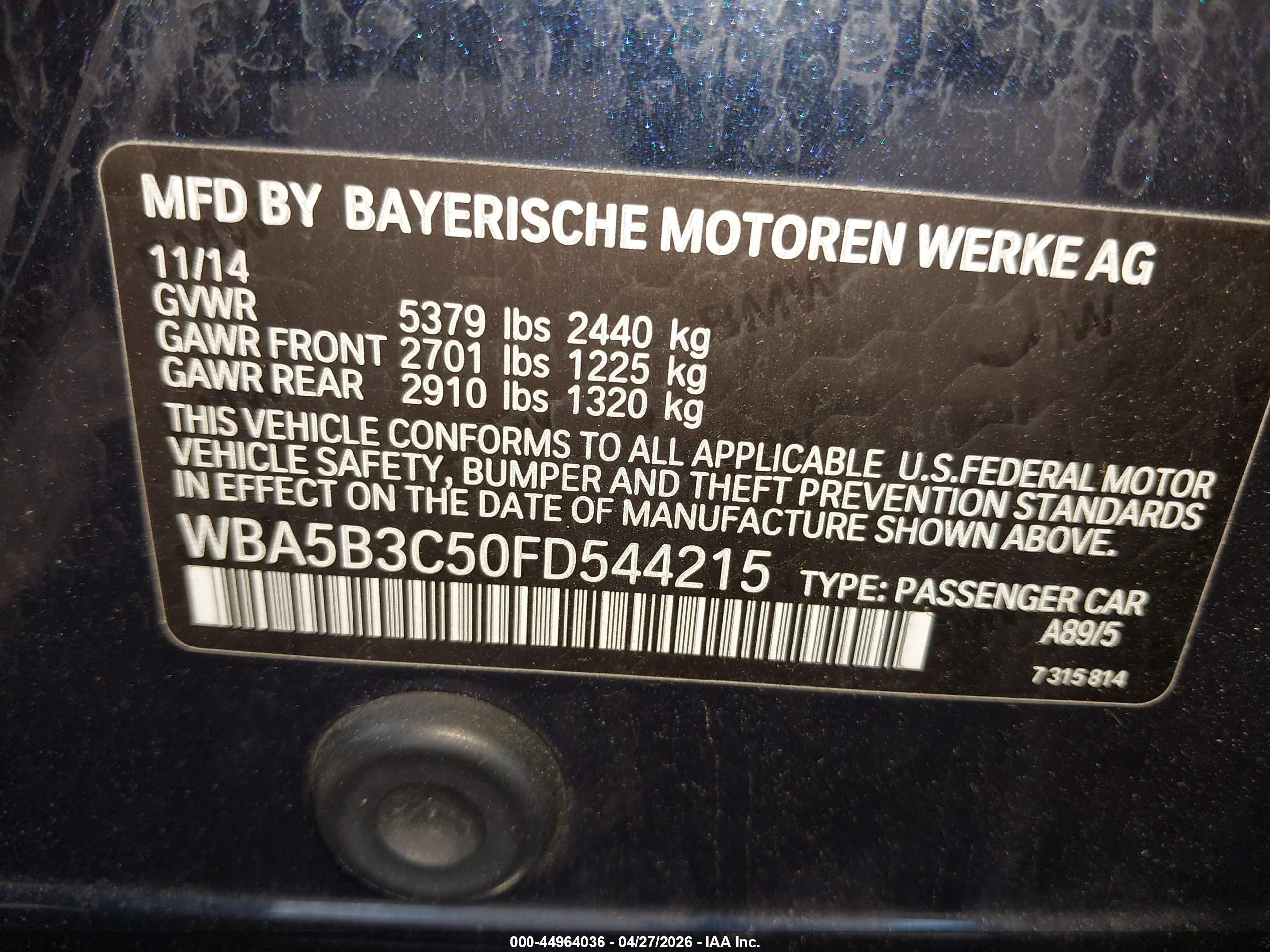 2015 Bmw 535i Xdrive Blue vin: WBA5B3C50FD544215