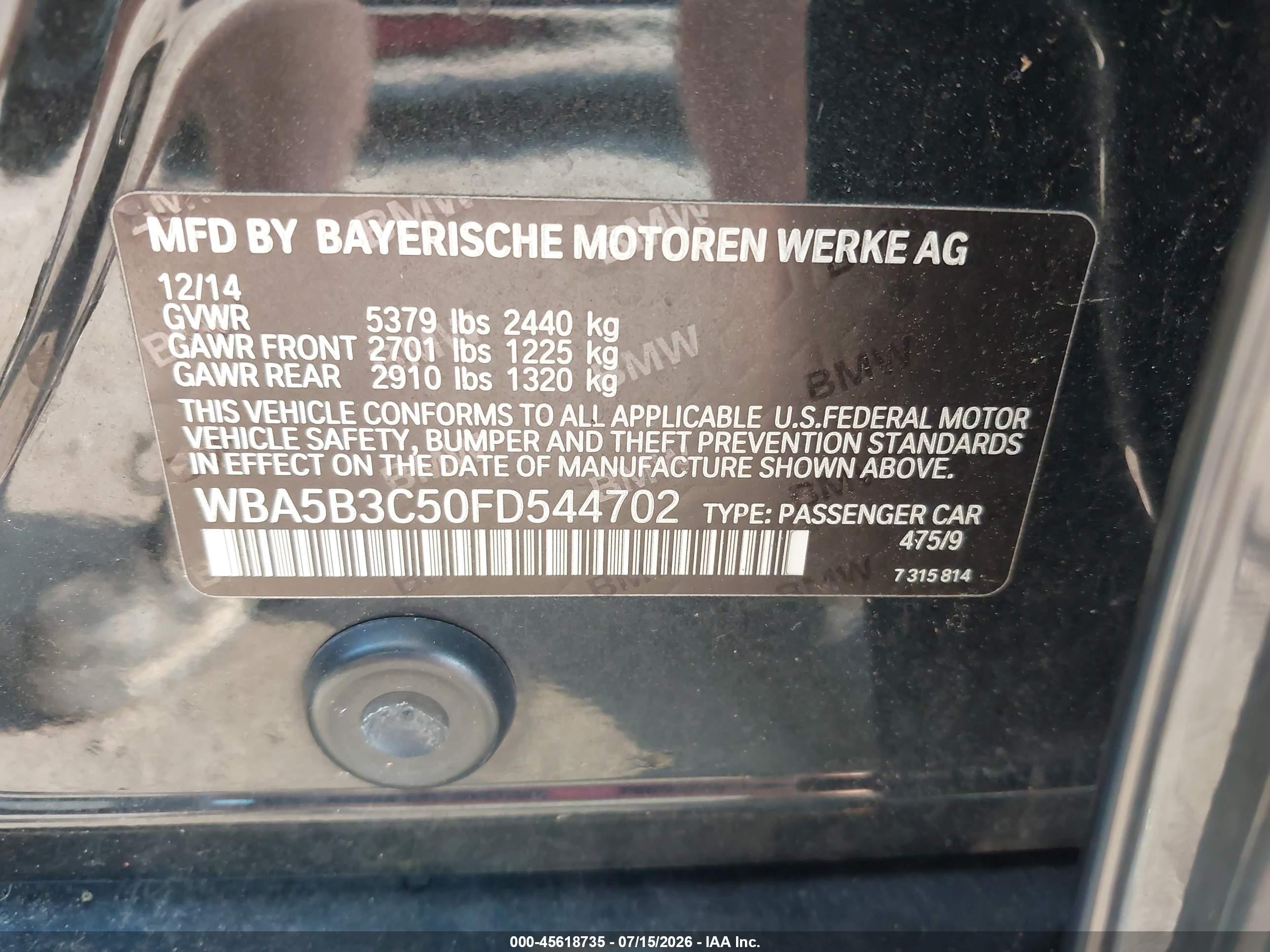 2015 Bmw 535i Xdrive Black vin: WBA5B3C50FD544702