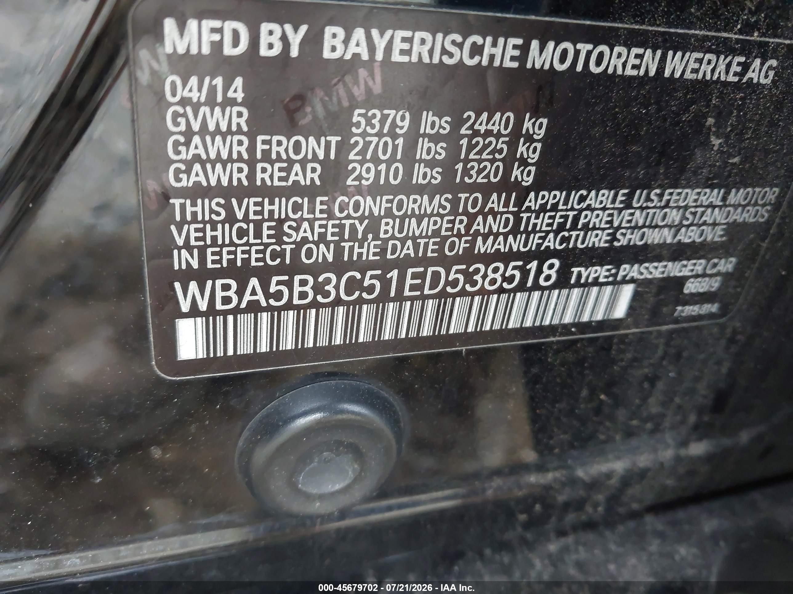 2014 Bmw 535i Xdrive Black vin: WBA5B3C51ED538518
