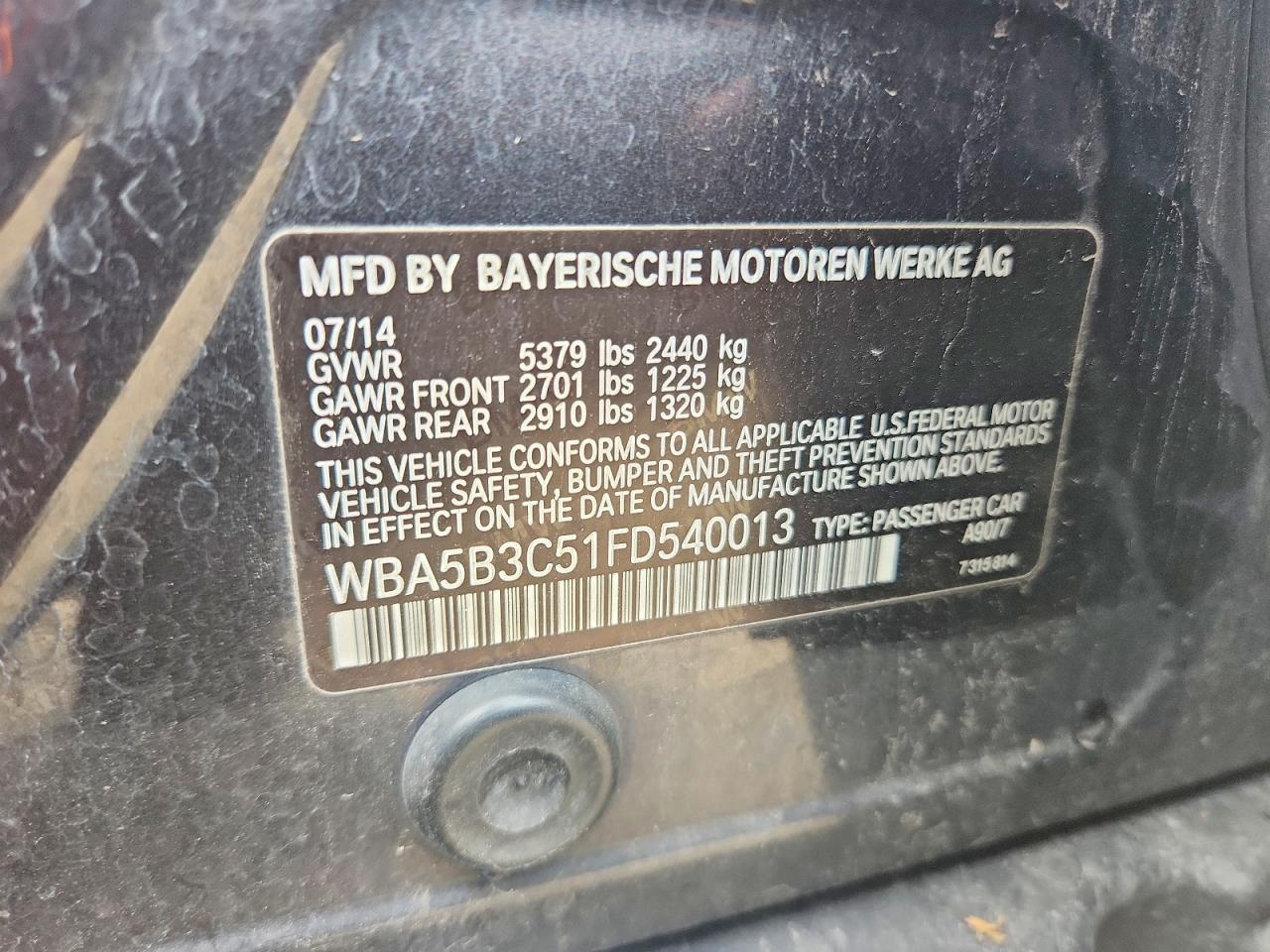 2015 Bmw 535 Xi Угольный vin: WBA5B3C51FD540013