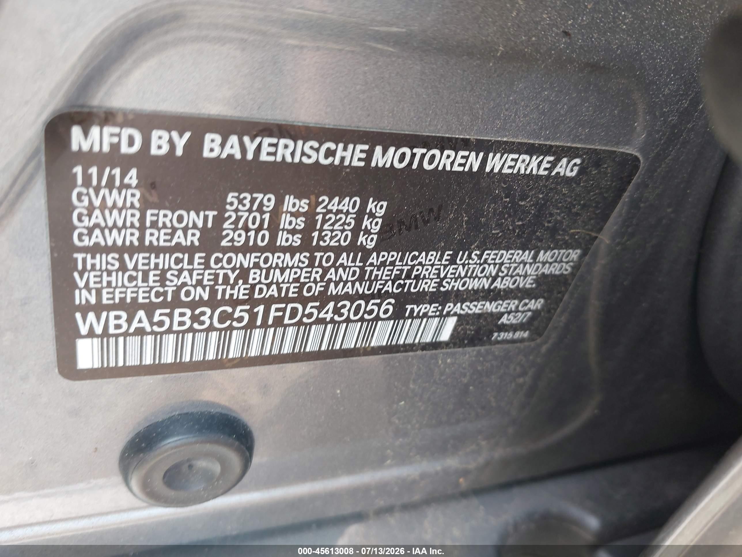 2015 Bmw 535i Xdrive Gray vin: WBA5B3C51FD543056