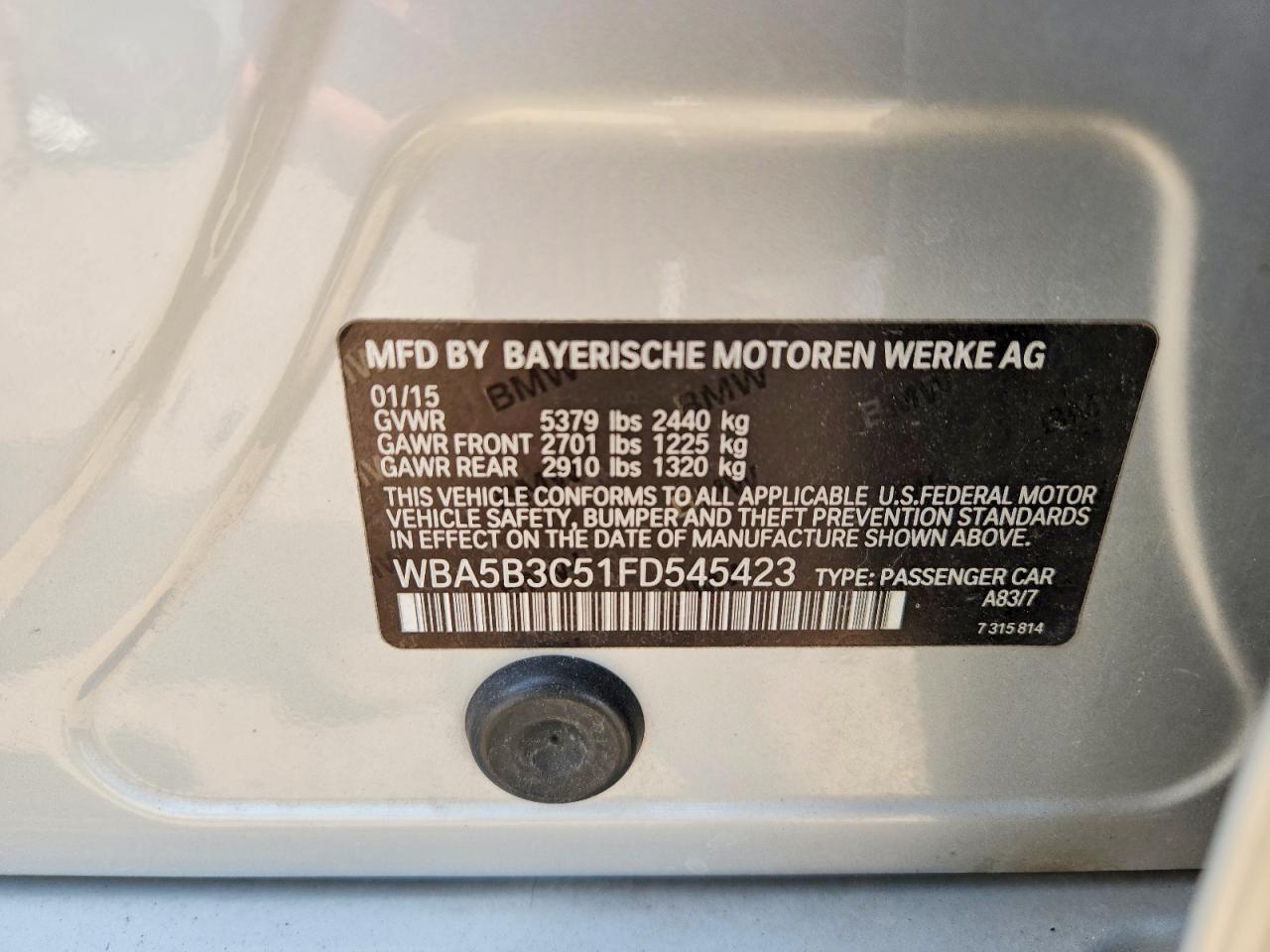 2015 Bmw 535 Xi Silver vin: WBA5B3C51FD545423