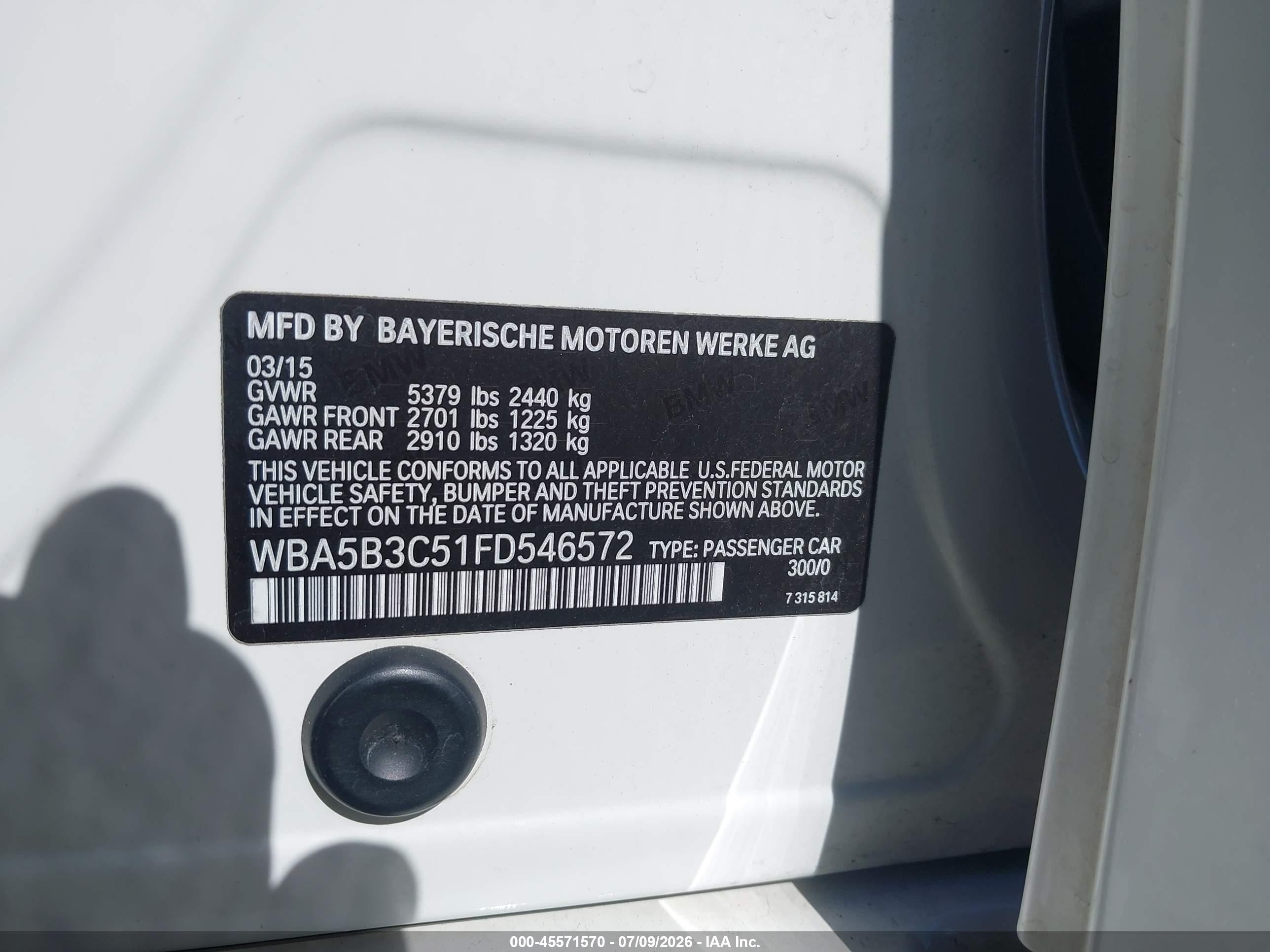 2015 Bmw 535i Xdrive White vin: WBA5B3C51FD546572