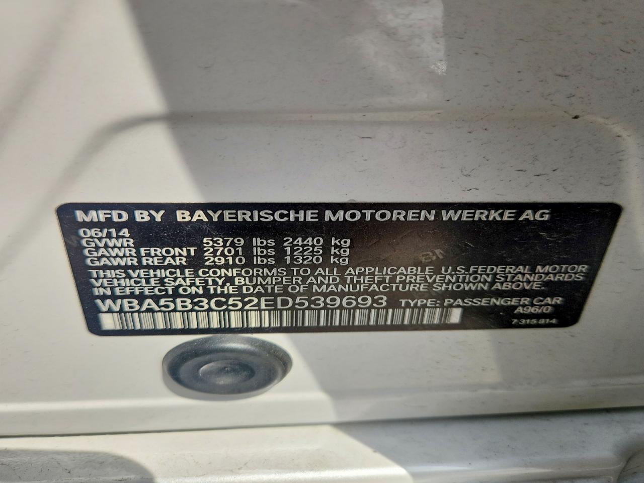 2014 Bmw 535 Xi White vin: WBA5B3C52ED539693