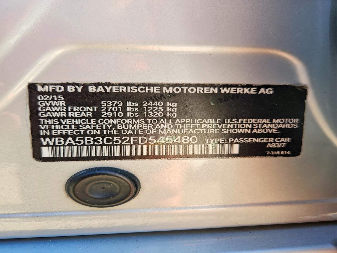 2015 Bmw 535 Xi Silver vin: WBA5B3C52FD545480