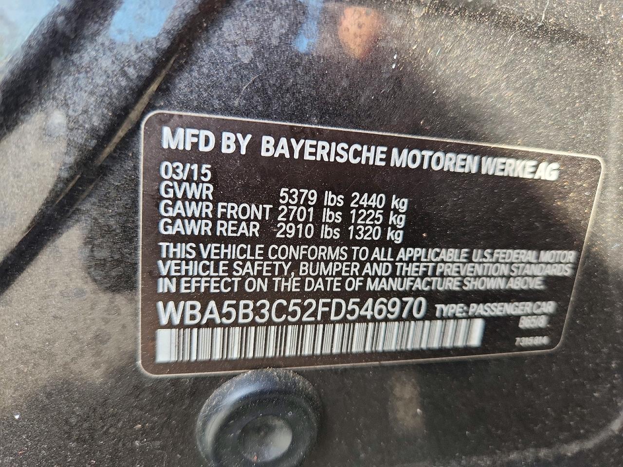 2015 Bmw 535 Xi Black vin: WBA5B3C52FD546970