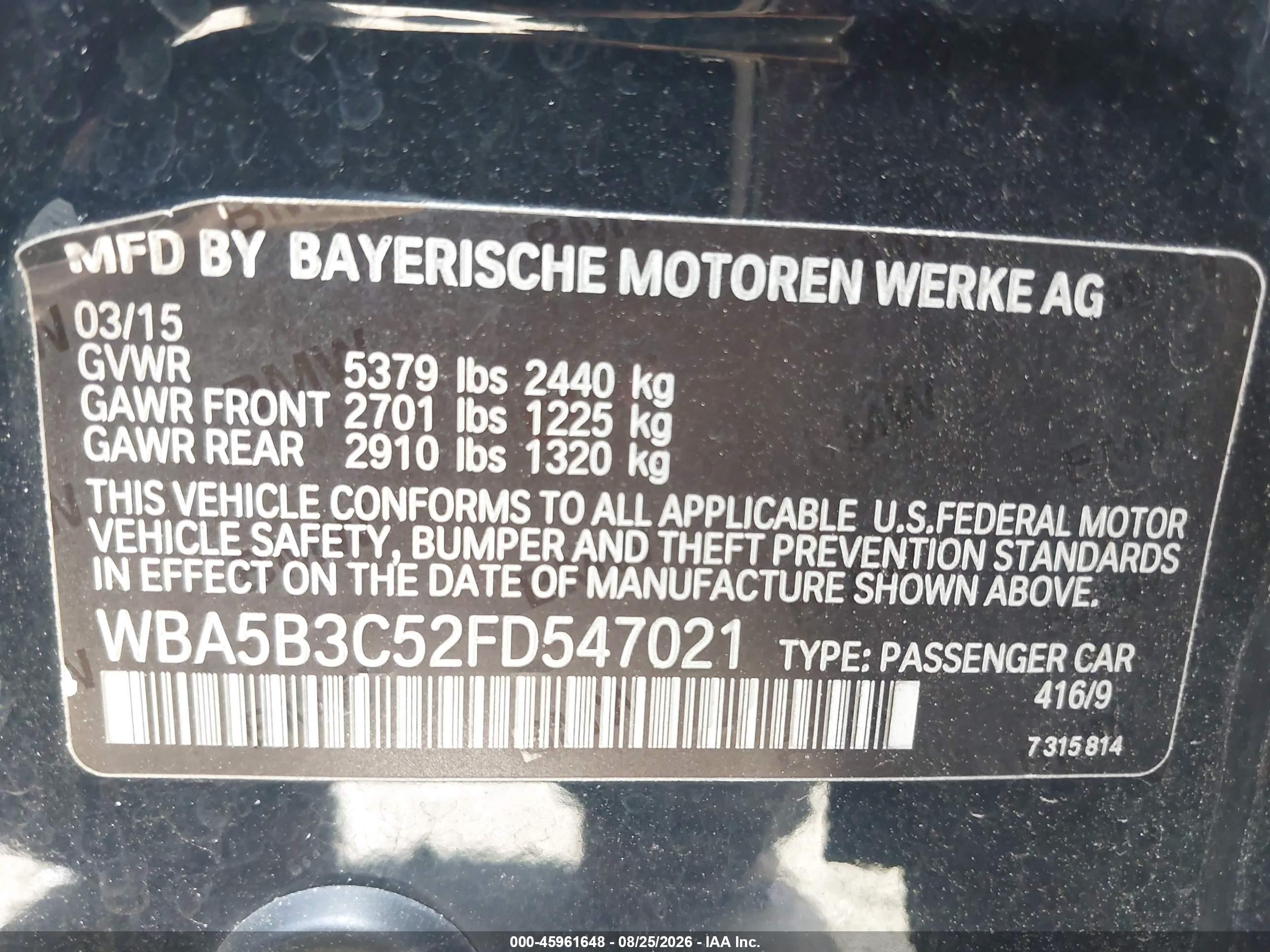 2015 Bmw 535i Xdrive Dark Blue vin: WBA5B3C52FD547021