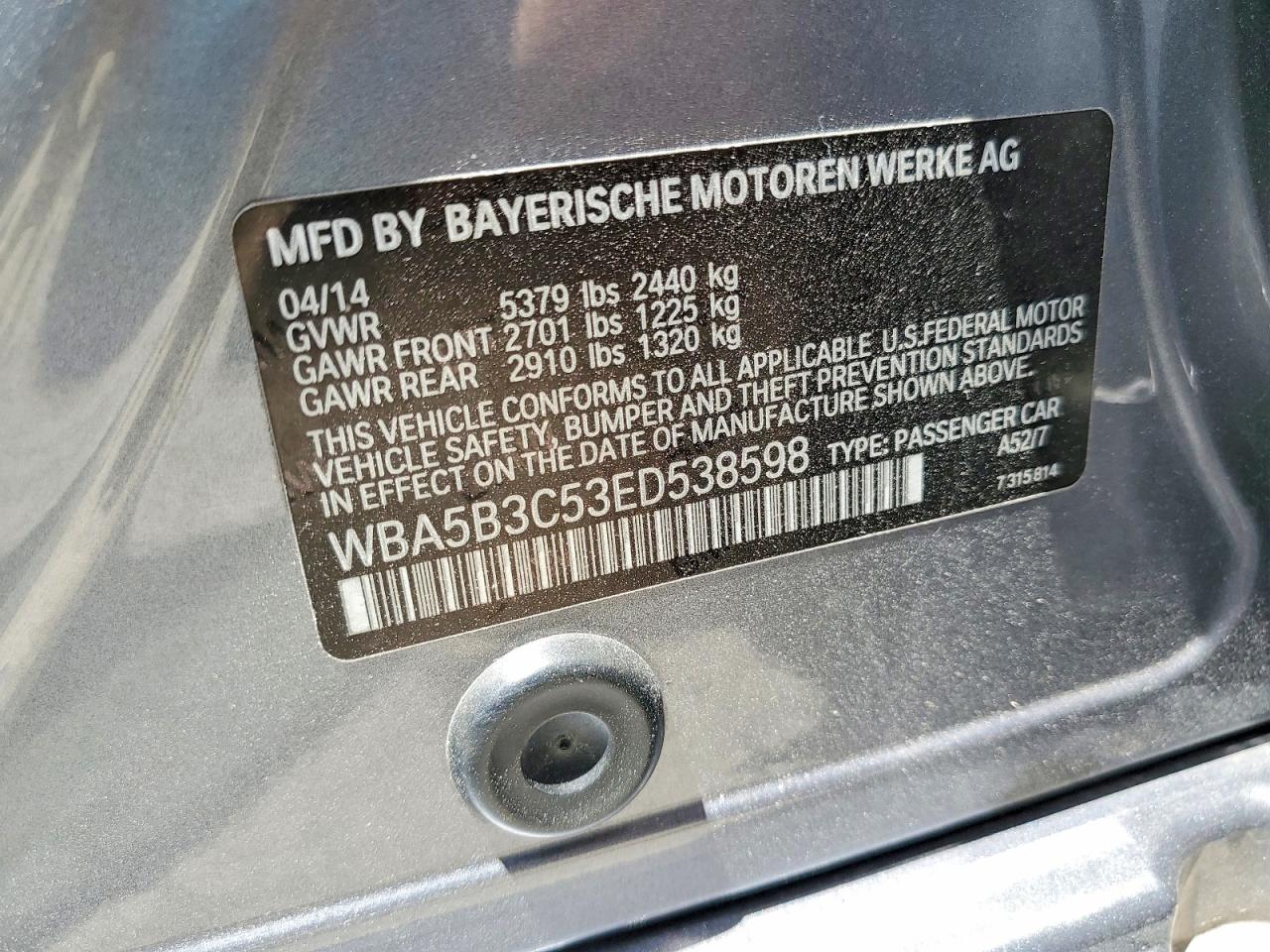2014 Bmw 535 Xi Gray vin: WBA5B3C53ED538598