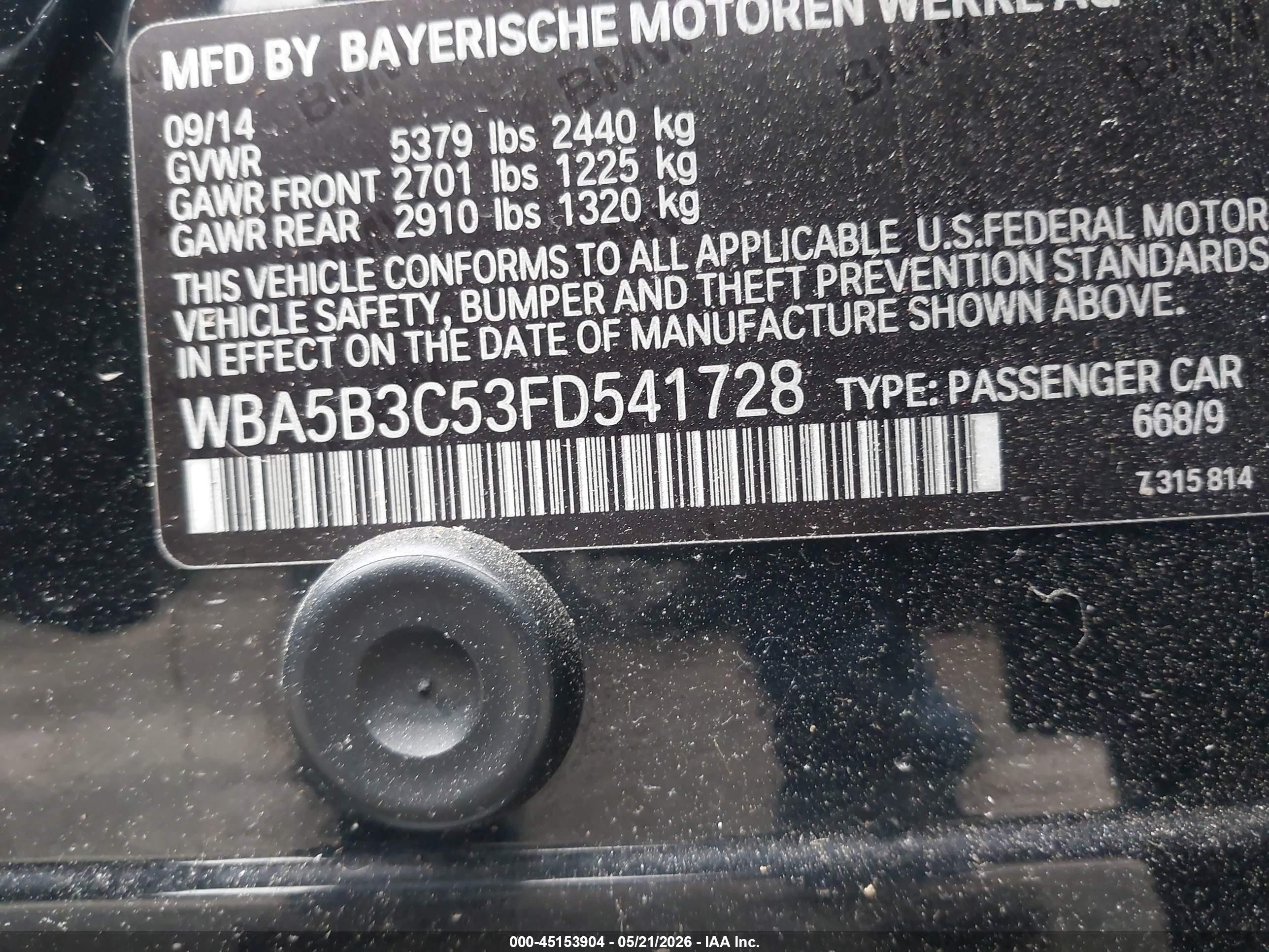 2015 Bmw 535i Xdrive Black vin: WBA5B3C53FD541728