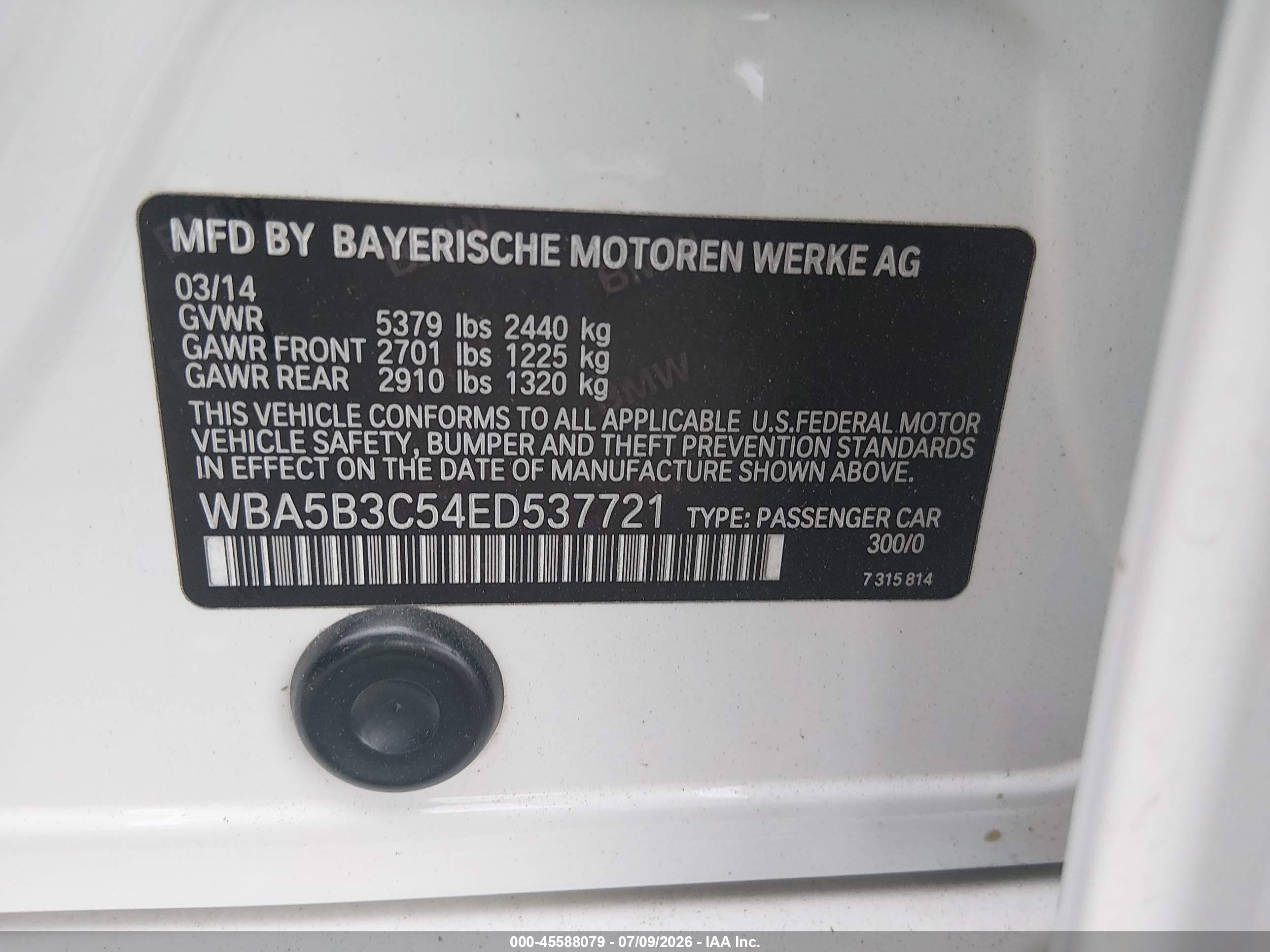 2014 Bmw 535i Xdrive White vin: WBA5B3C54ED537721