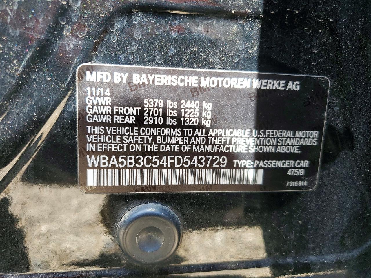 2015 Bmw 535 Xi Black vin: WBA5B3C54FD543729