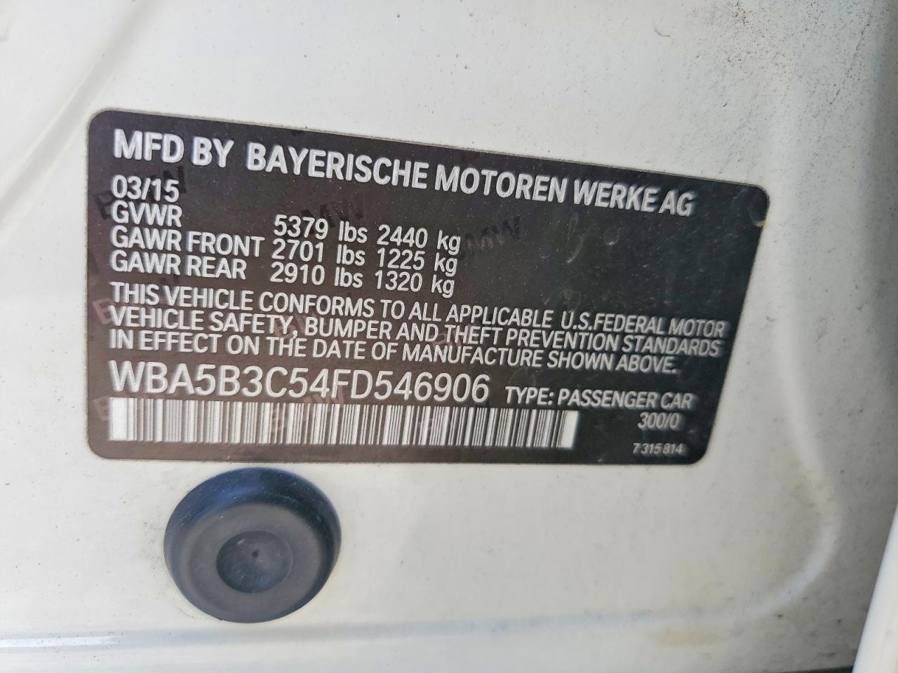 2015 Bmw 535 Xi Белый vin: WBA5B3C54FD546906