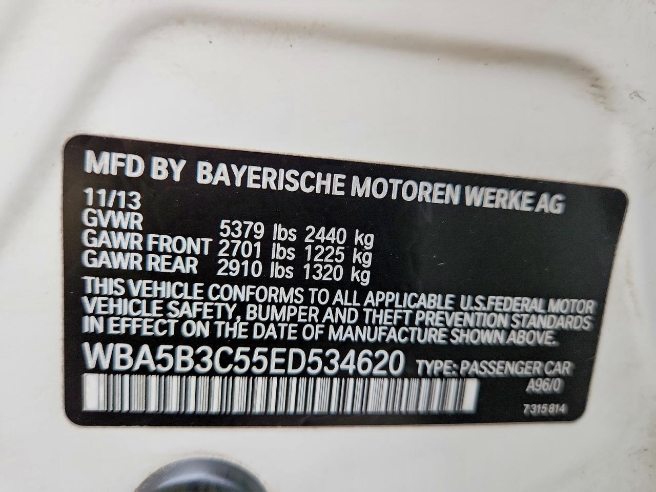 2014 Bmw 535 Xi White vin: WBA5B3C55ED534620
