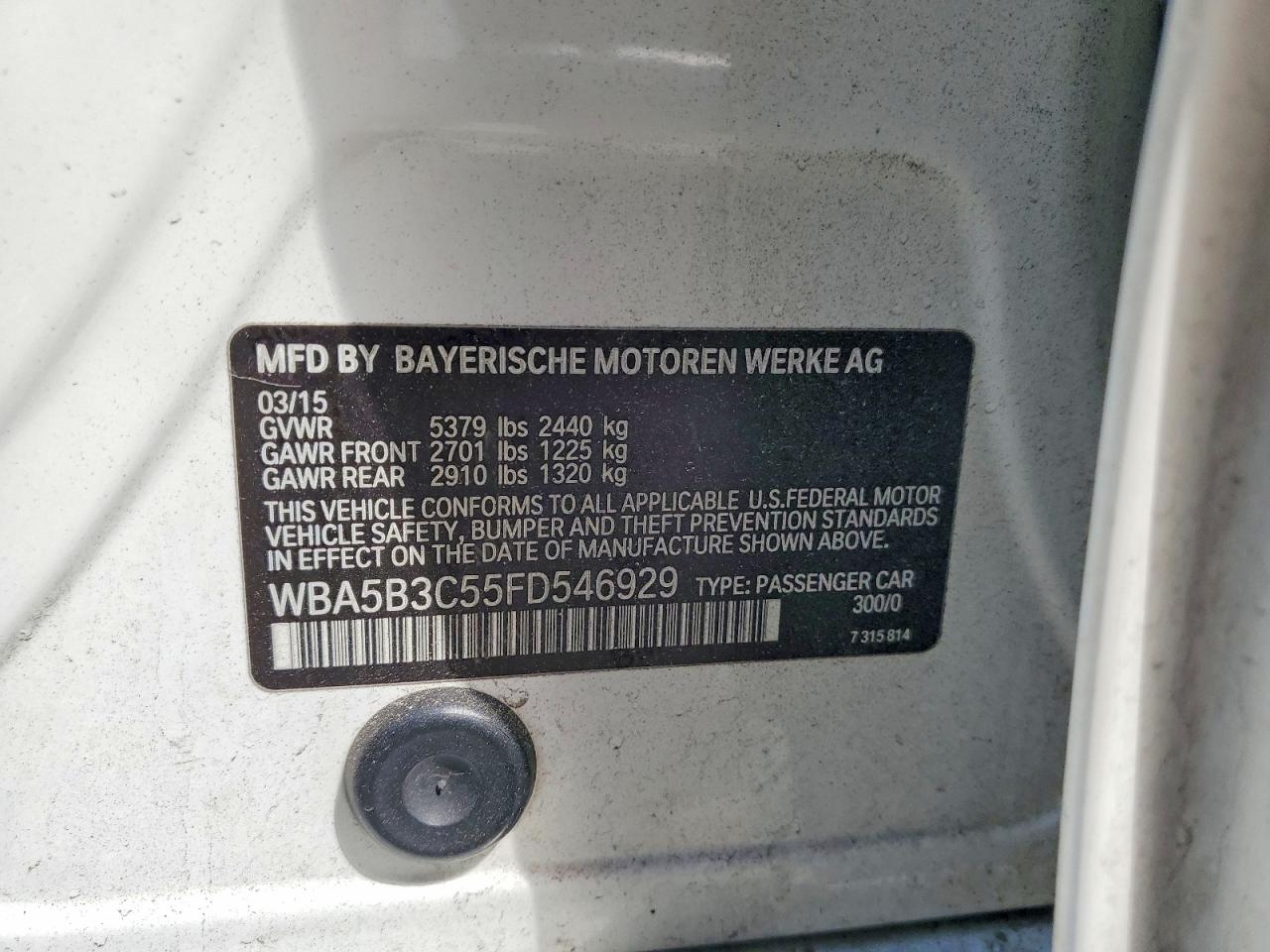 2015 Bmw 535 Xi White vin: WBA5B3C55FD546929