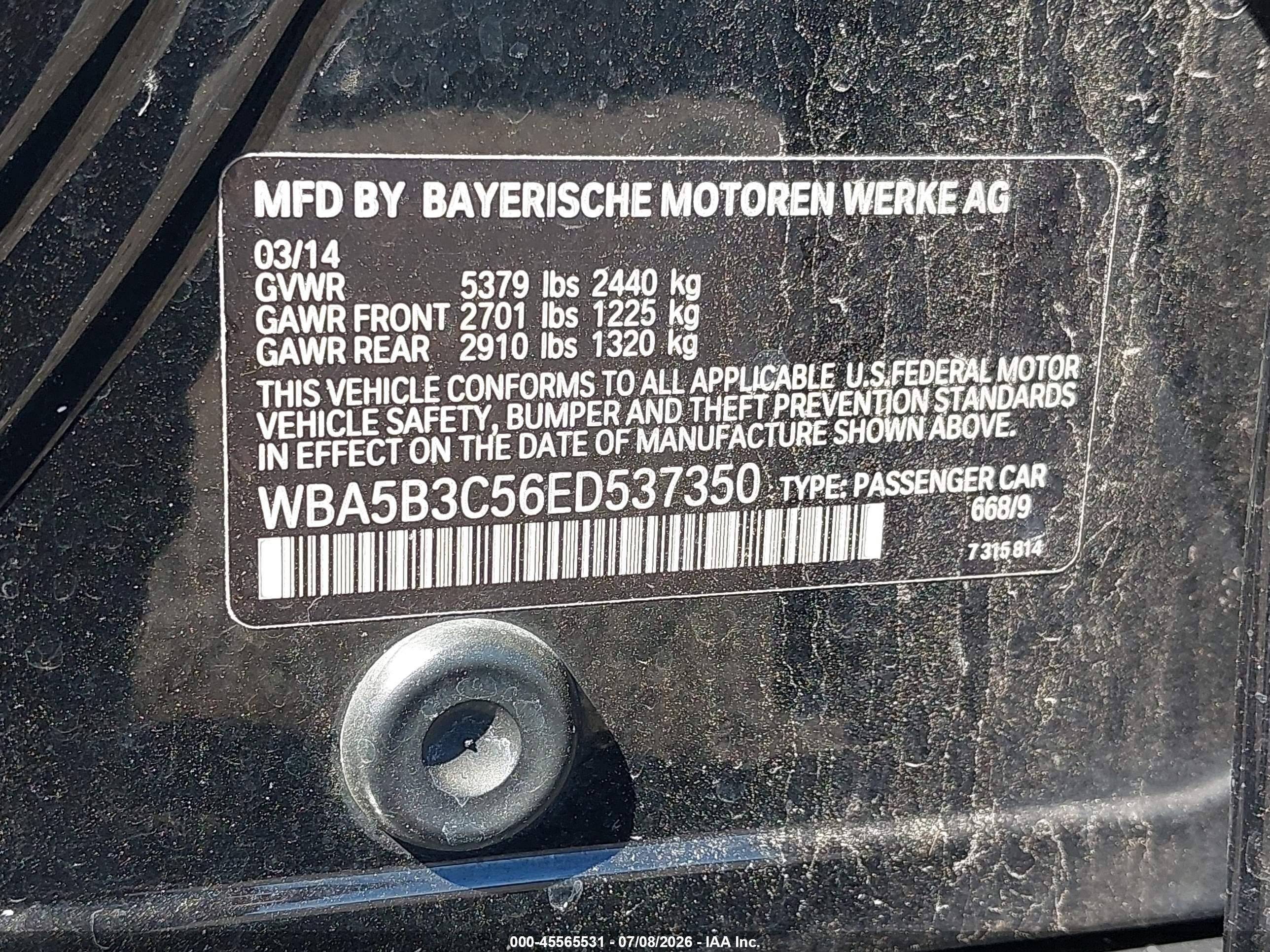 2014 Bmw 535i Xdrive Black vin: WBA5B3C56ED537350