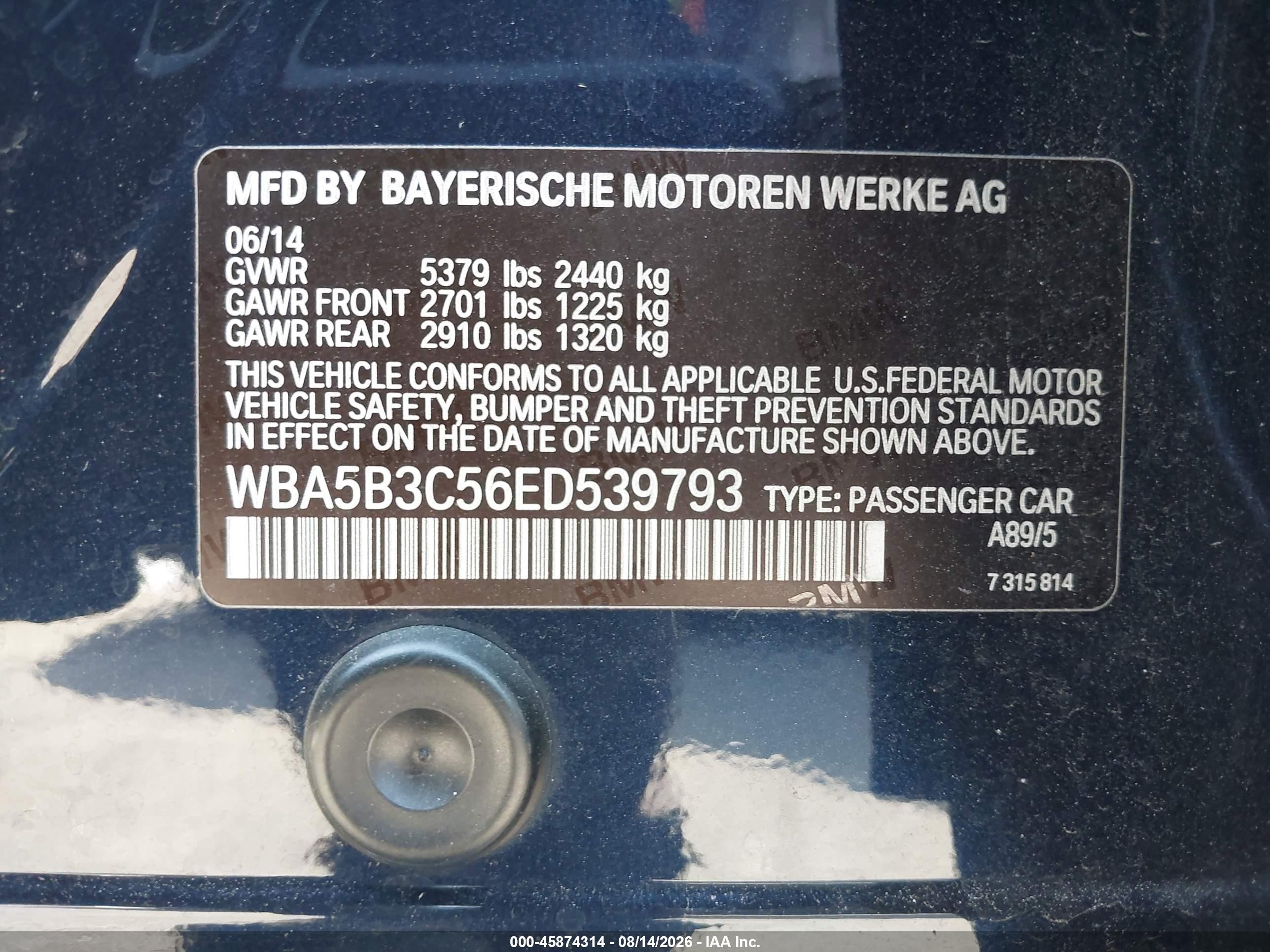 2014 Bmw 535i Xdrive Dark Blue vin: WBA5B3C56ED539793