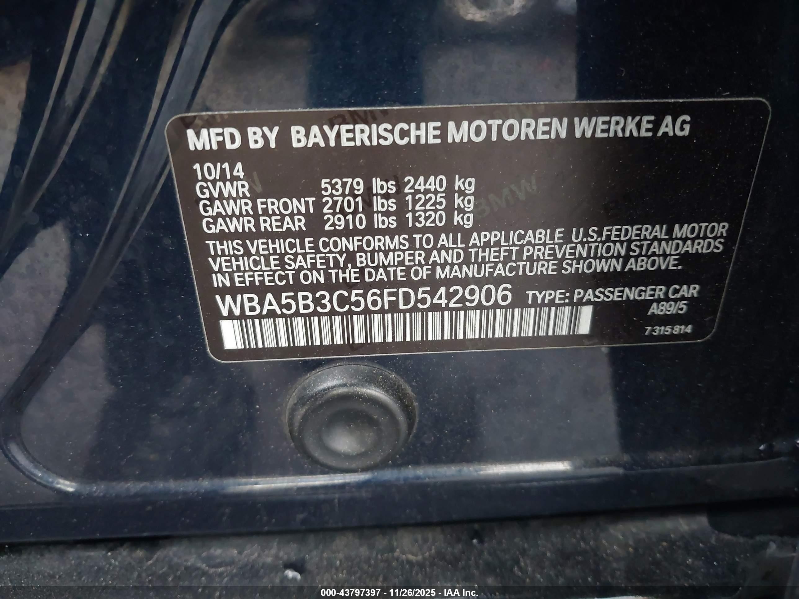 2015 Bmw 535i Xdrive Blue vin: WBA5B3C56FD542906