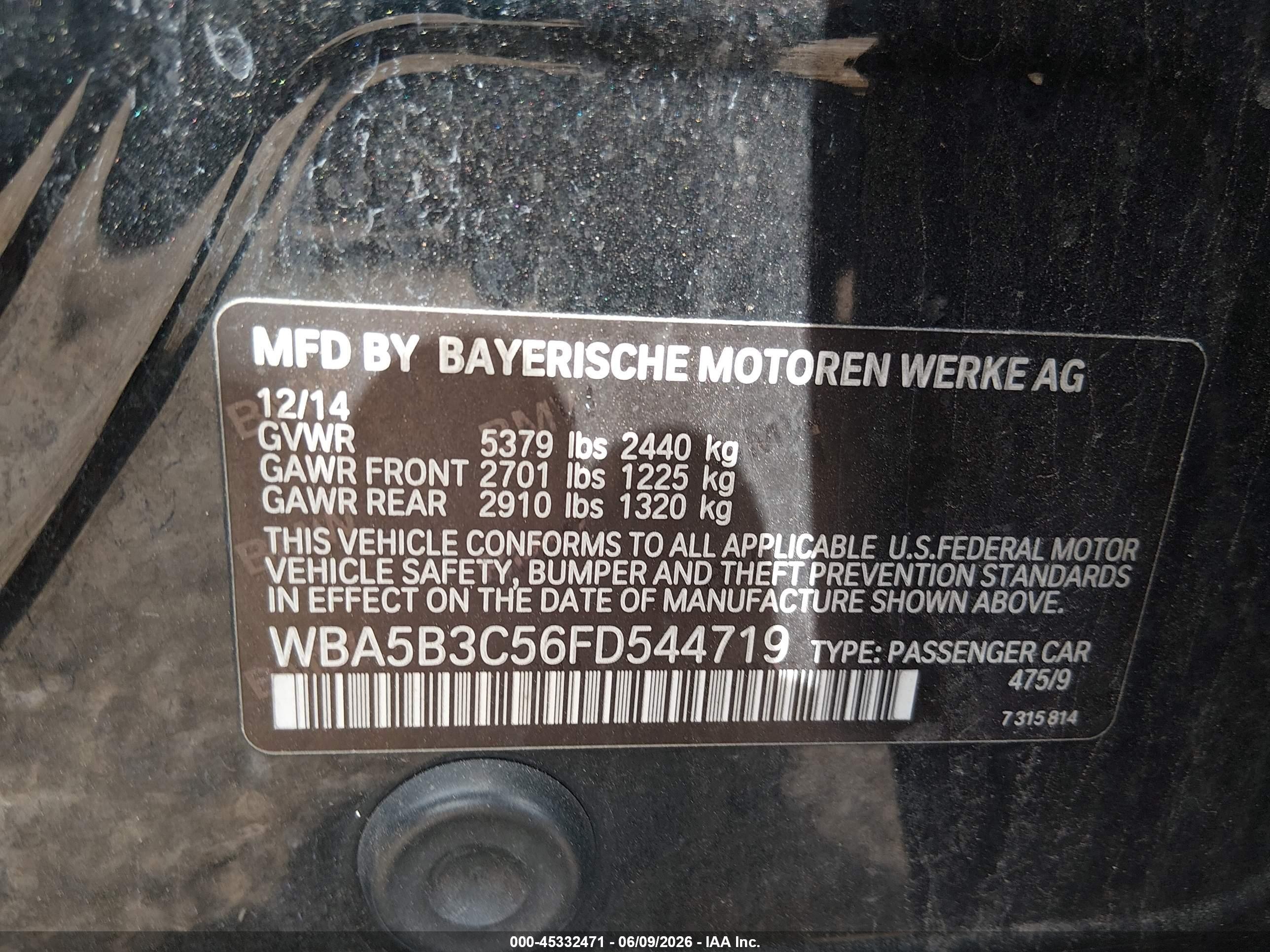 2015 Bmw 535i Xdrive Black vin: WBA5B3C56FD544719
