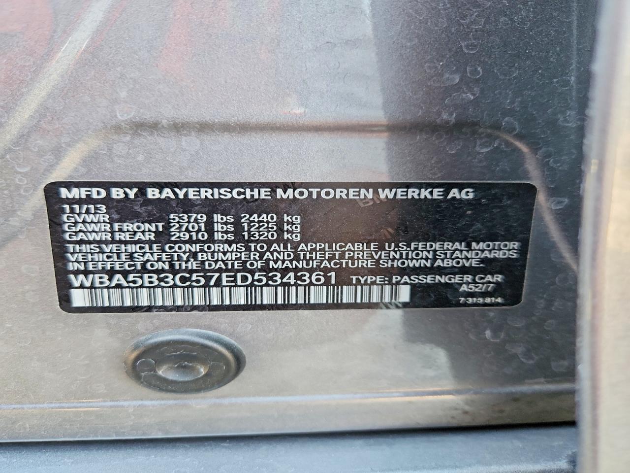 2014 Bmw 535 Xi Gray vin: WBA5B3C57ED534361