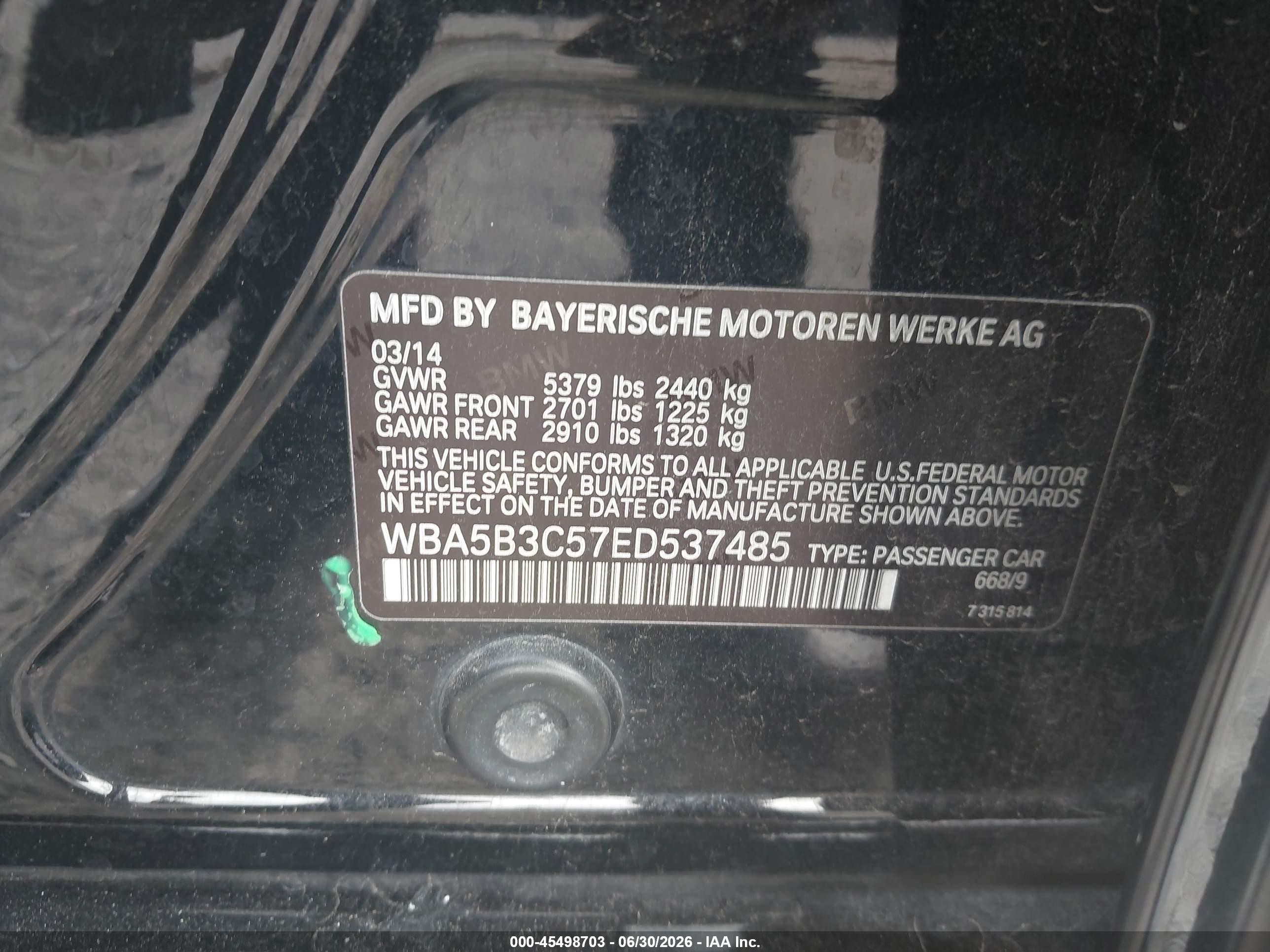 2014 Bmw 535i Xdrive Черный vin: WBA5B3C57ED537485