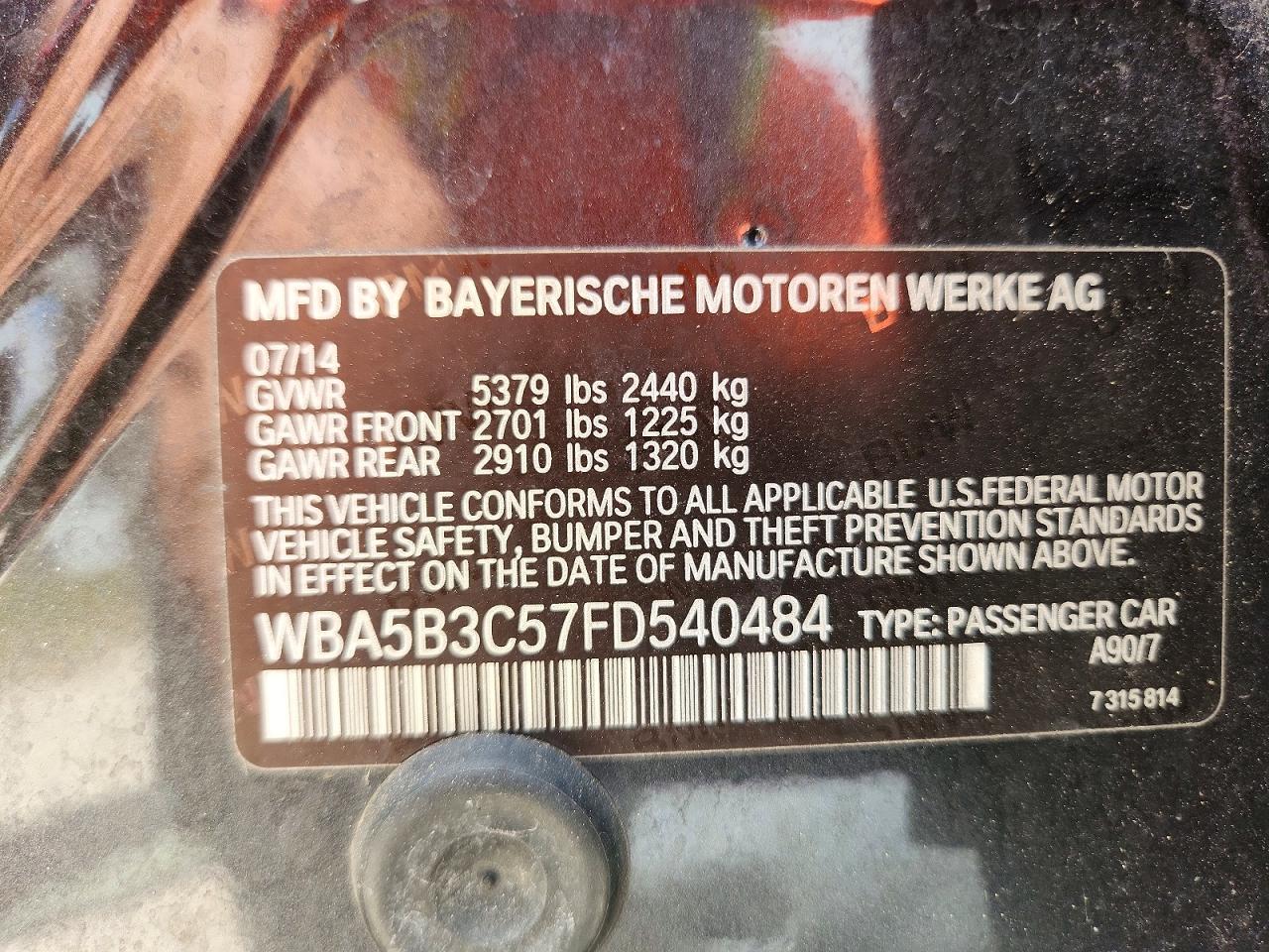 2015 Bmw 535 Xi Black vin: WBA5B3C57FD540484