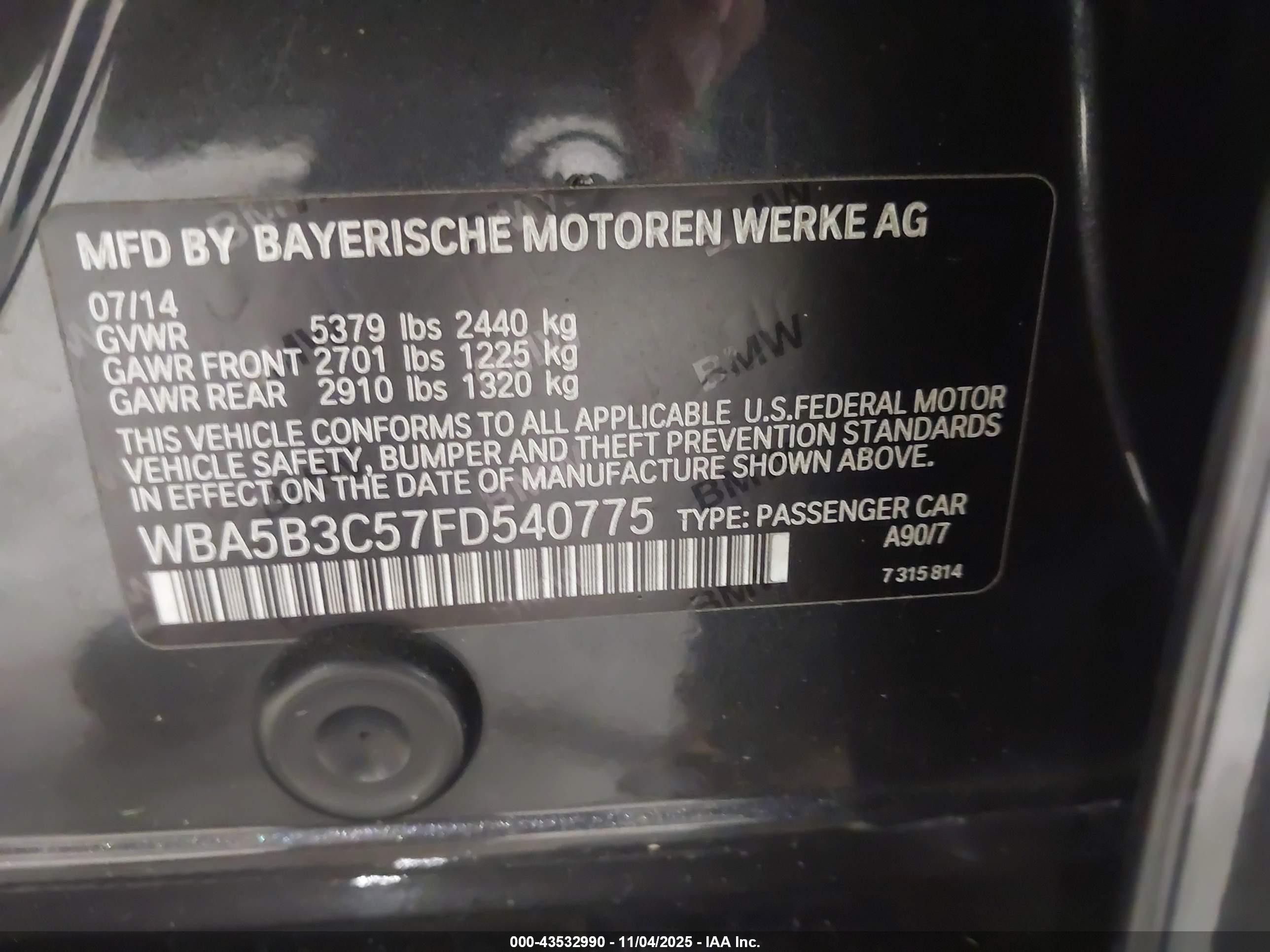 2015 Bmw 535i Xdrive Gray vin: WBA5B3C57FD540775