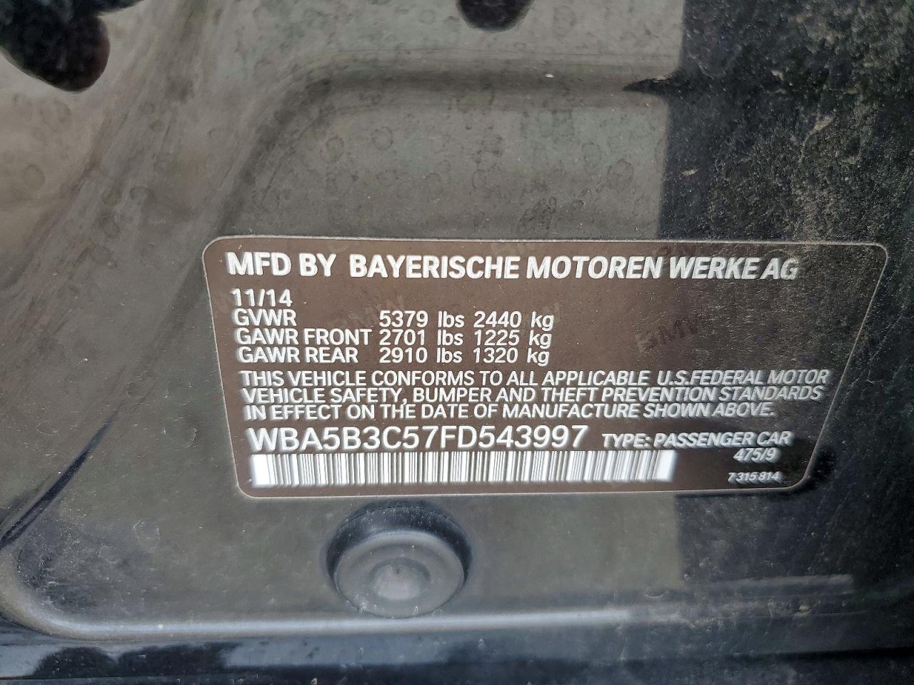 2015 Bmw 535 Xi Черный vin: WBA5B3C57FD543997