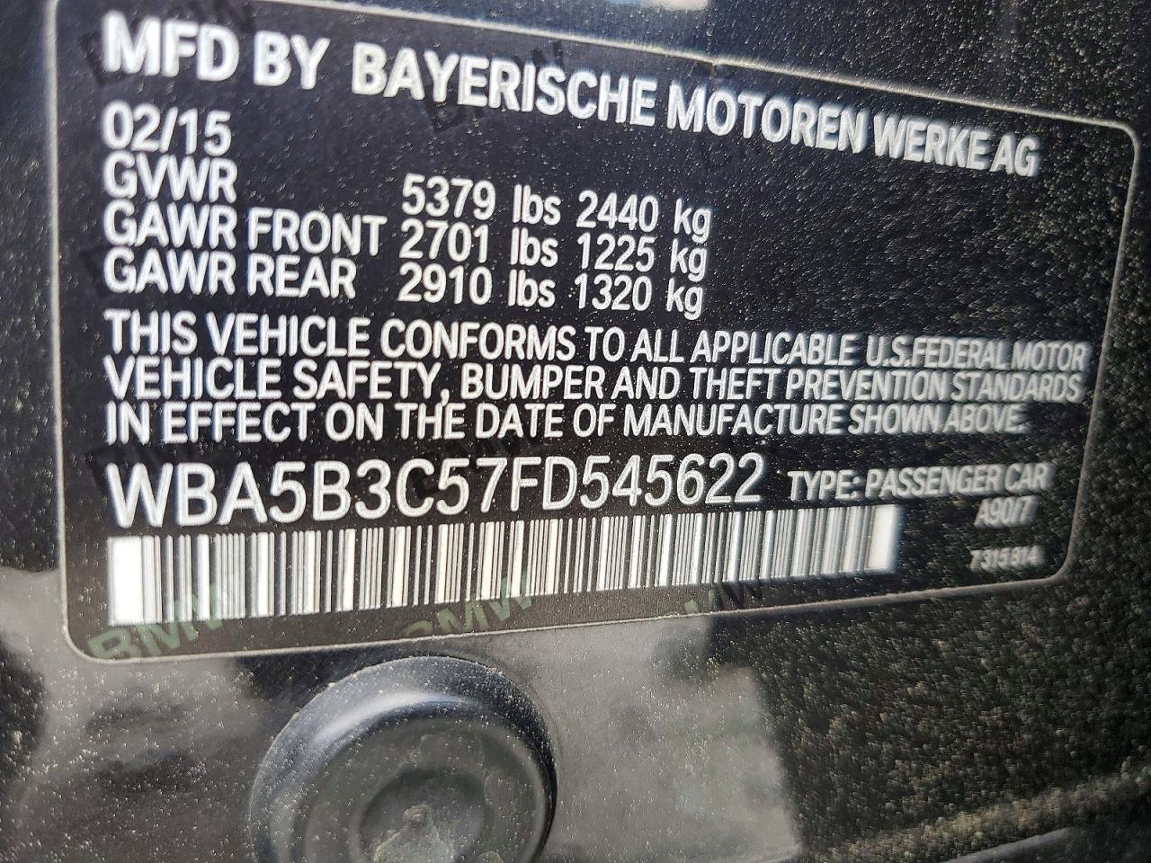2015 Bmw 535 Xi Угольный vin: WBA5B3C57FD545622