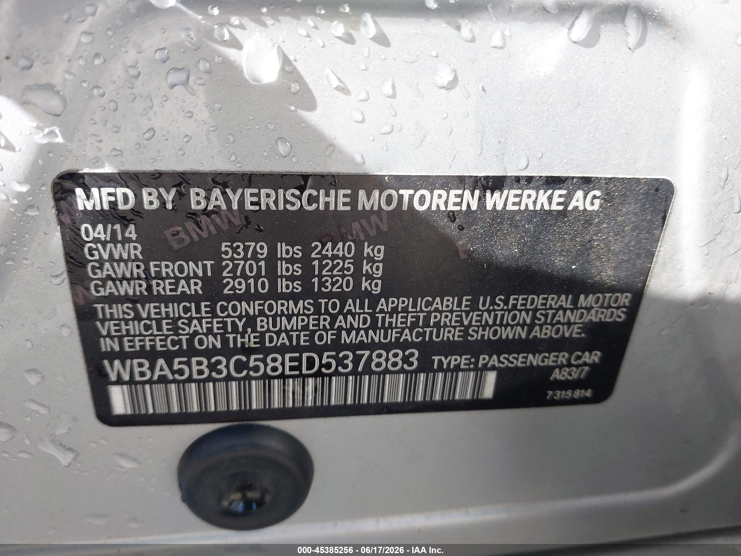 2014 Bmw 535i Xdrive Silver vin: WBA5B3C58ED537883