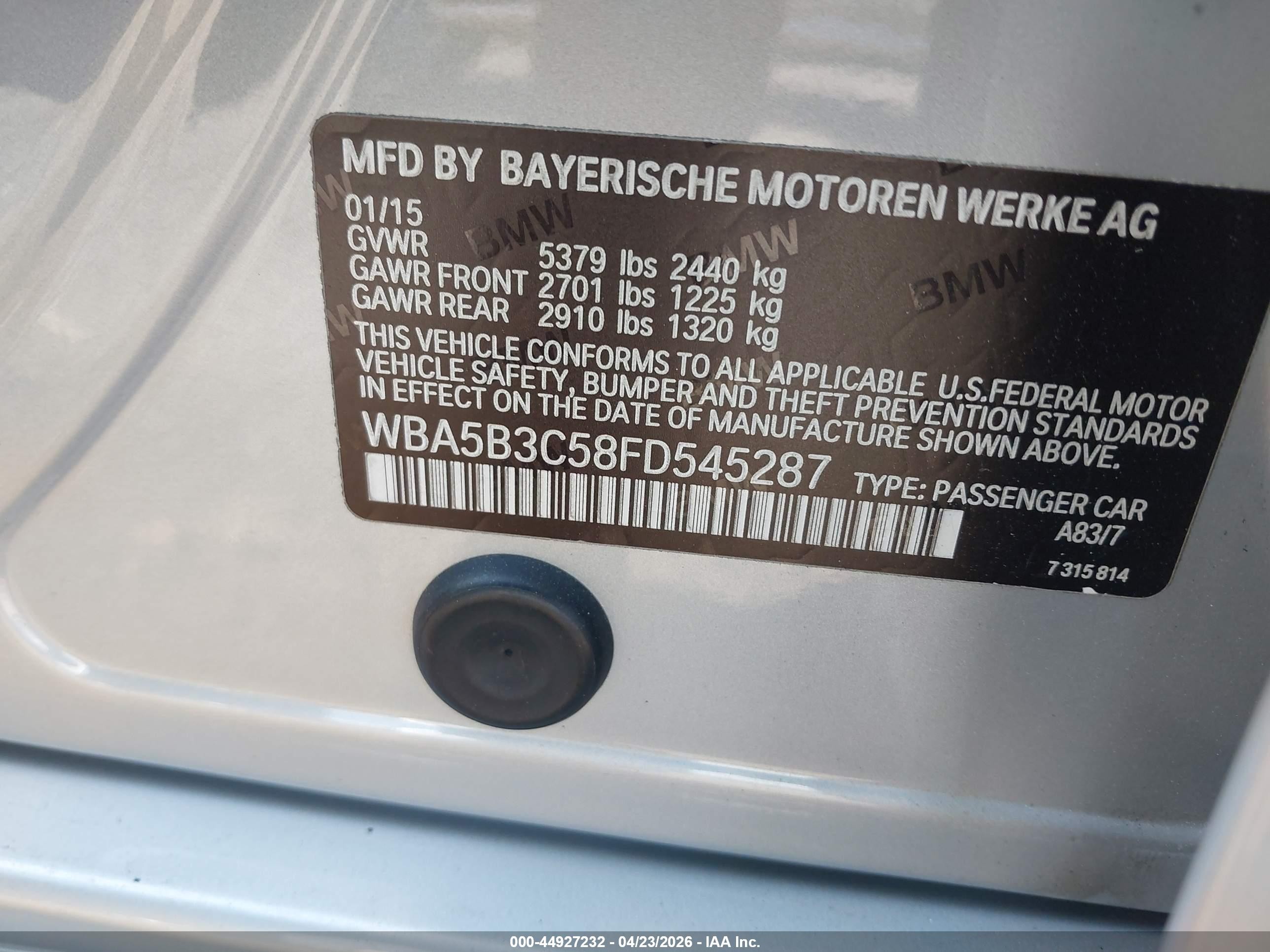 2015 Bmw 535i Xdrive Silver vin: WBA5B3C58FD545287