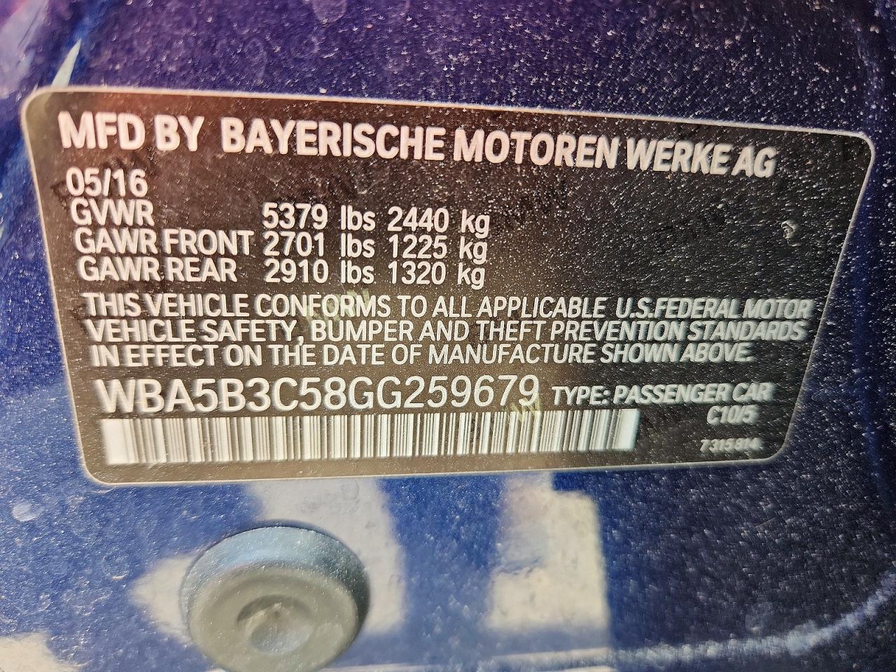 2016 Bmw 535 Xi Blue vin: WBA5B3C58GG259679