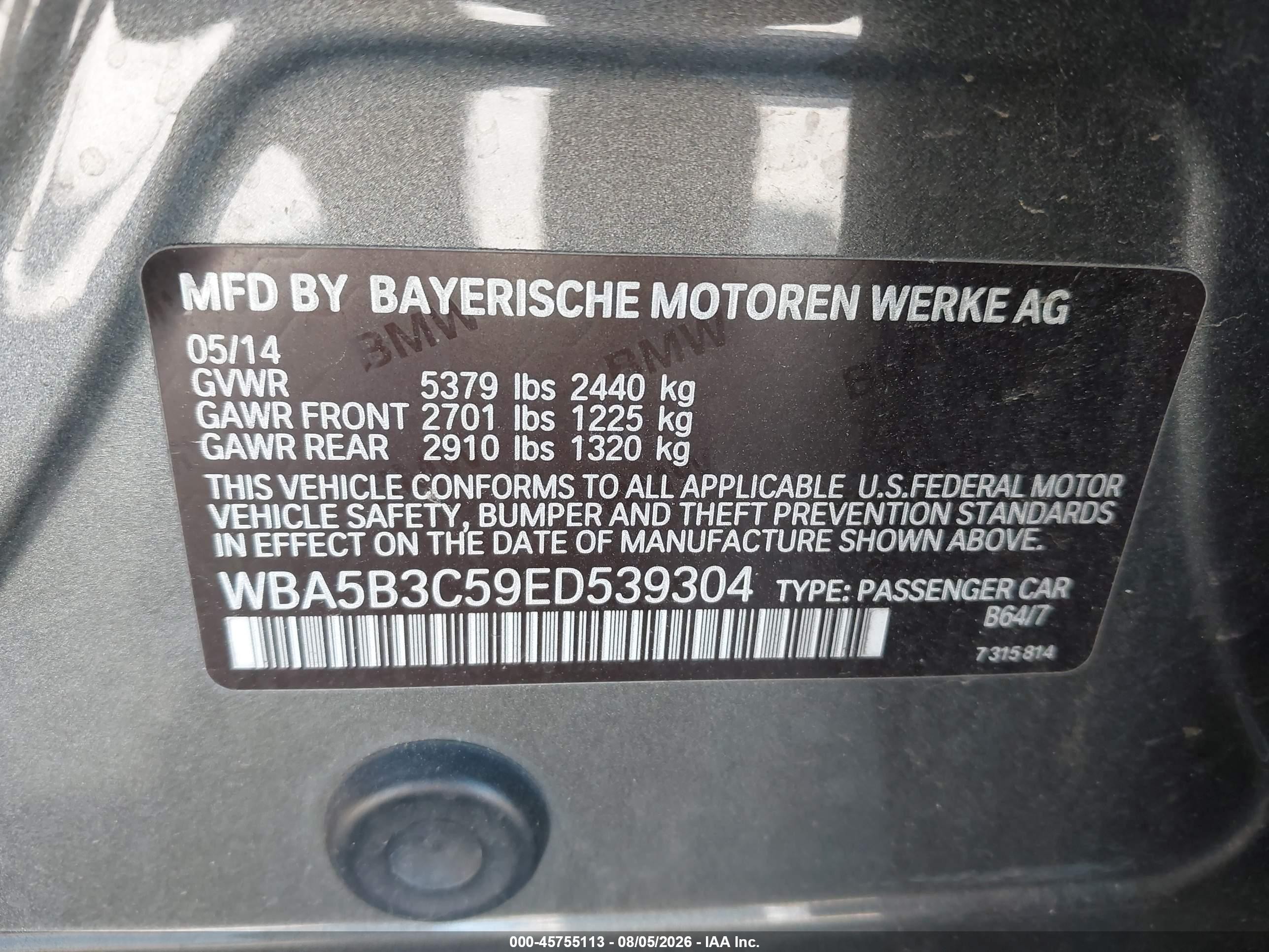 2014 Bmw 535i Xdrive Gray vin: WBA5B3C59ED539304