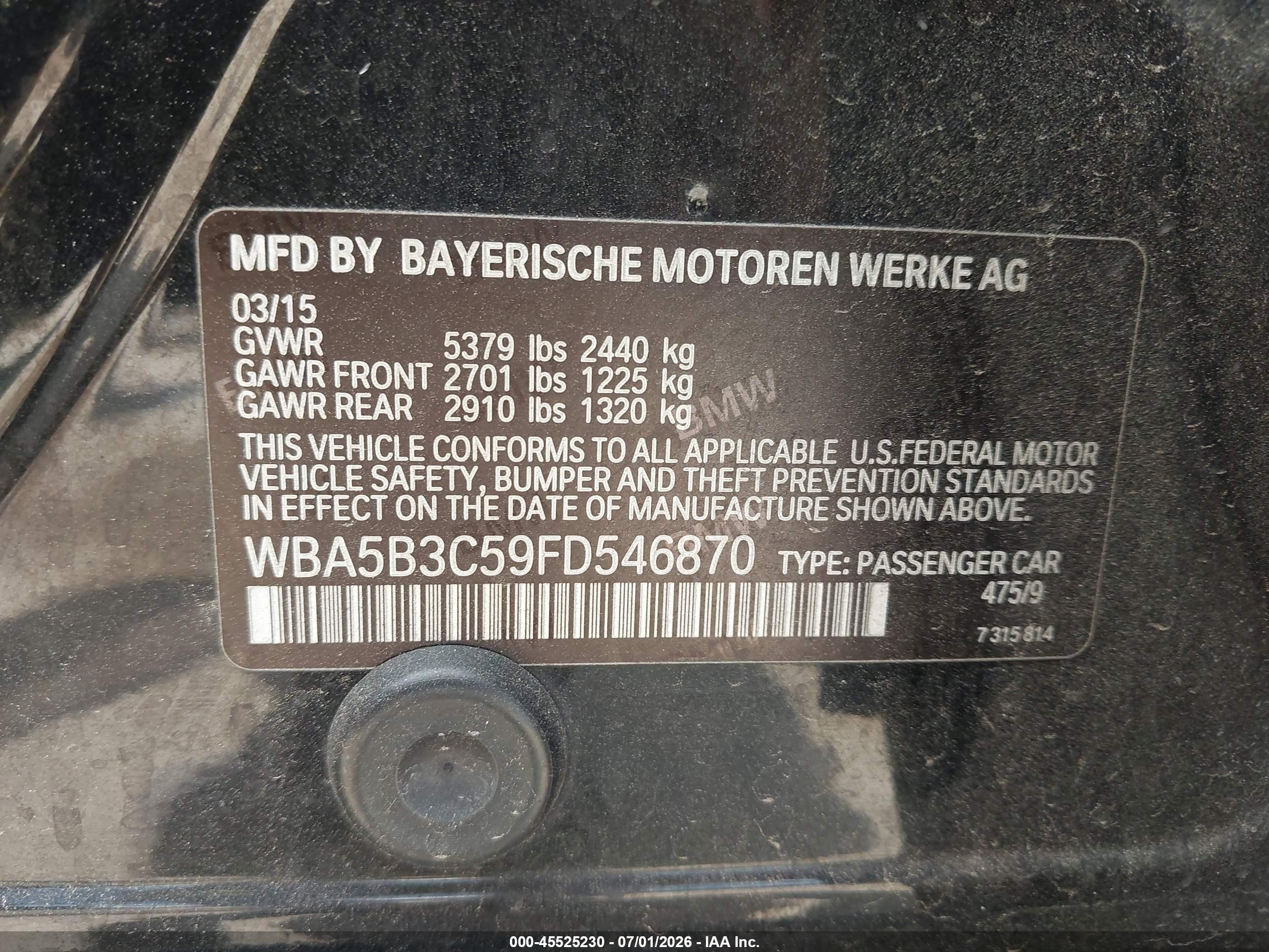 2015 Bmw 535i Xdrive Black vin: WBA5B3C59FD546870