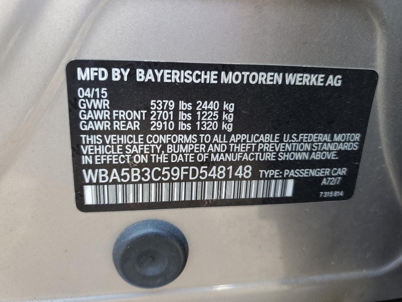 2015 Bmw 535 Xi Tan vin: WBA5B3C59FD548148