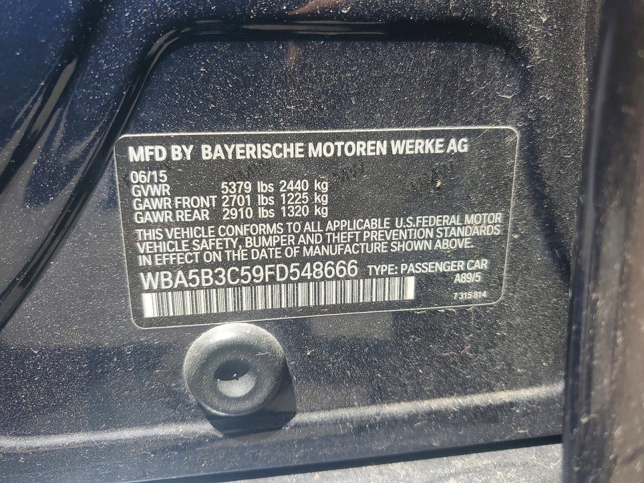 2015 Bmw 535 Xi Blue vin: WBA5B3C59FD548666
