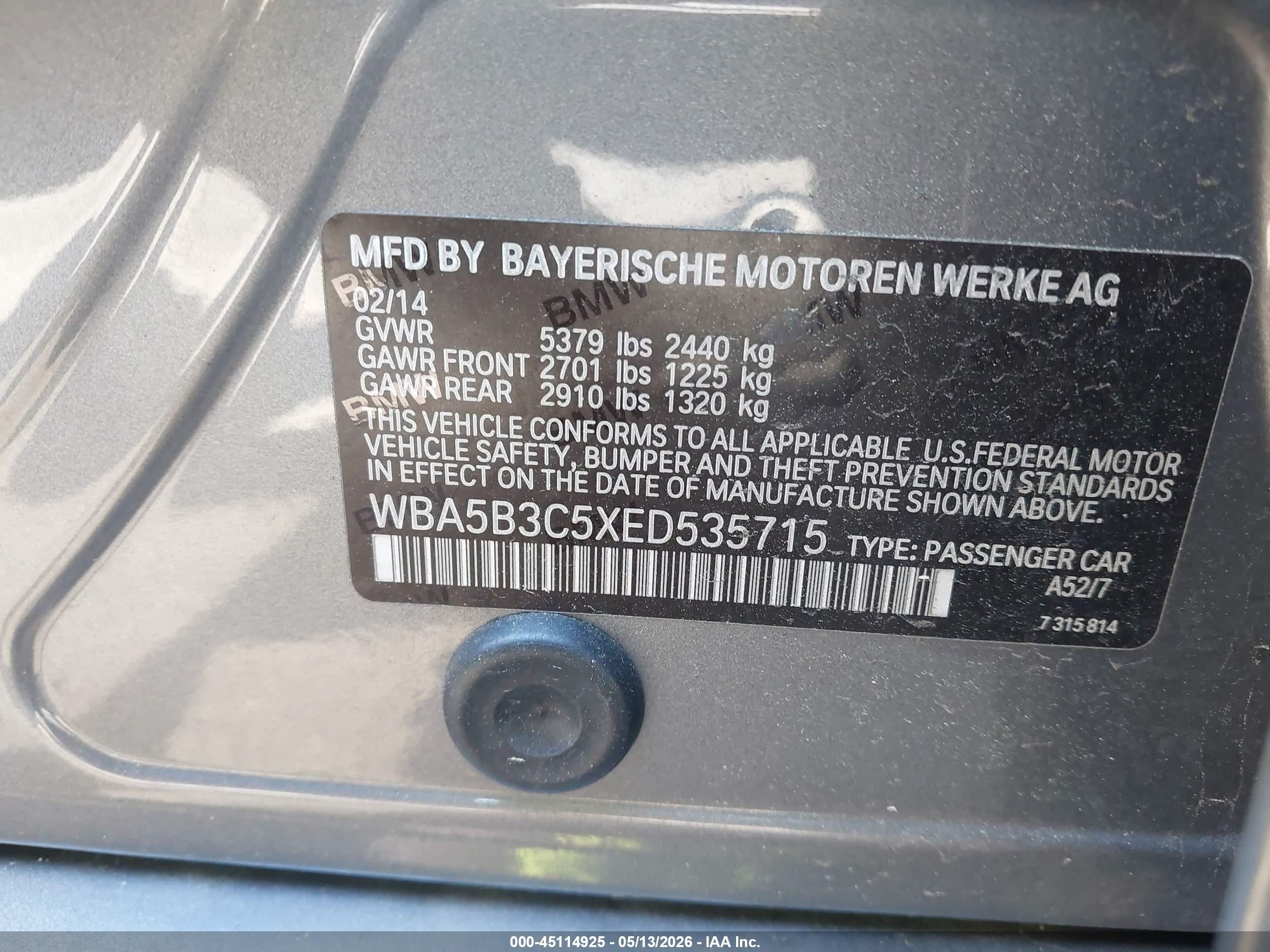 2014 Bmw 535i Xdrive Серый vin: WBA5B3C5XED535715