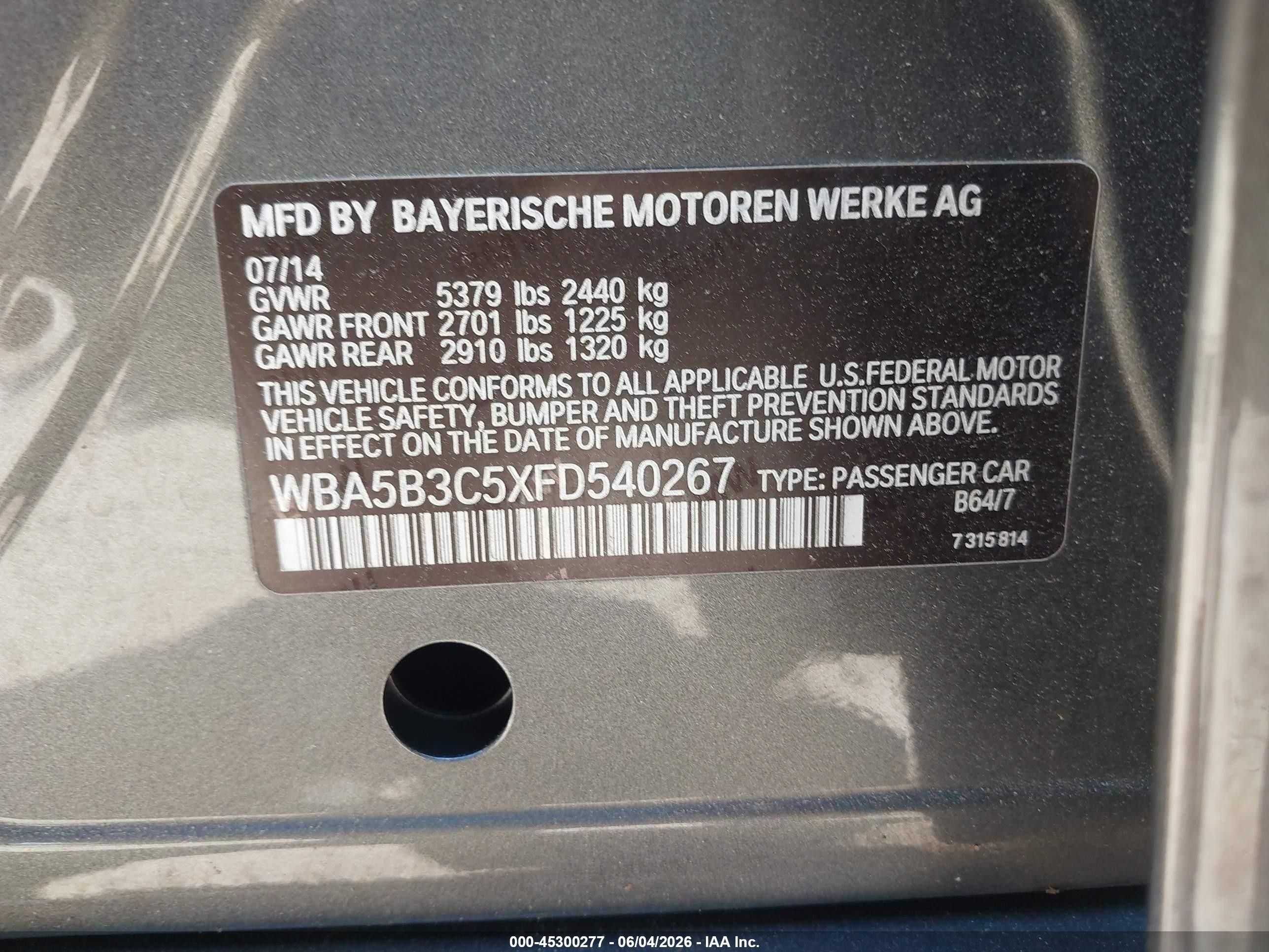 2015 Bmw 535i Xdrive Gray vin: WBA5B3C5XFD540267