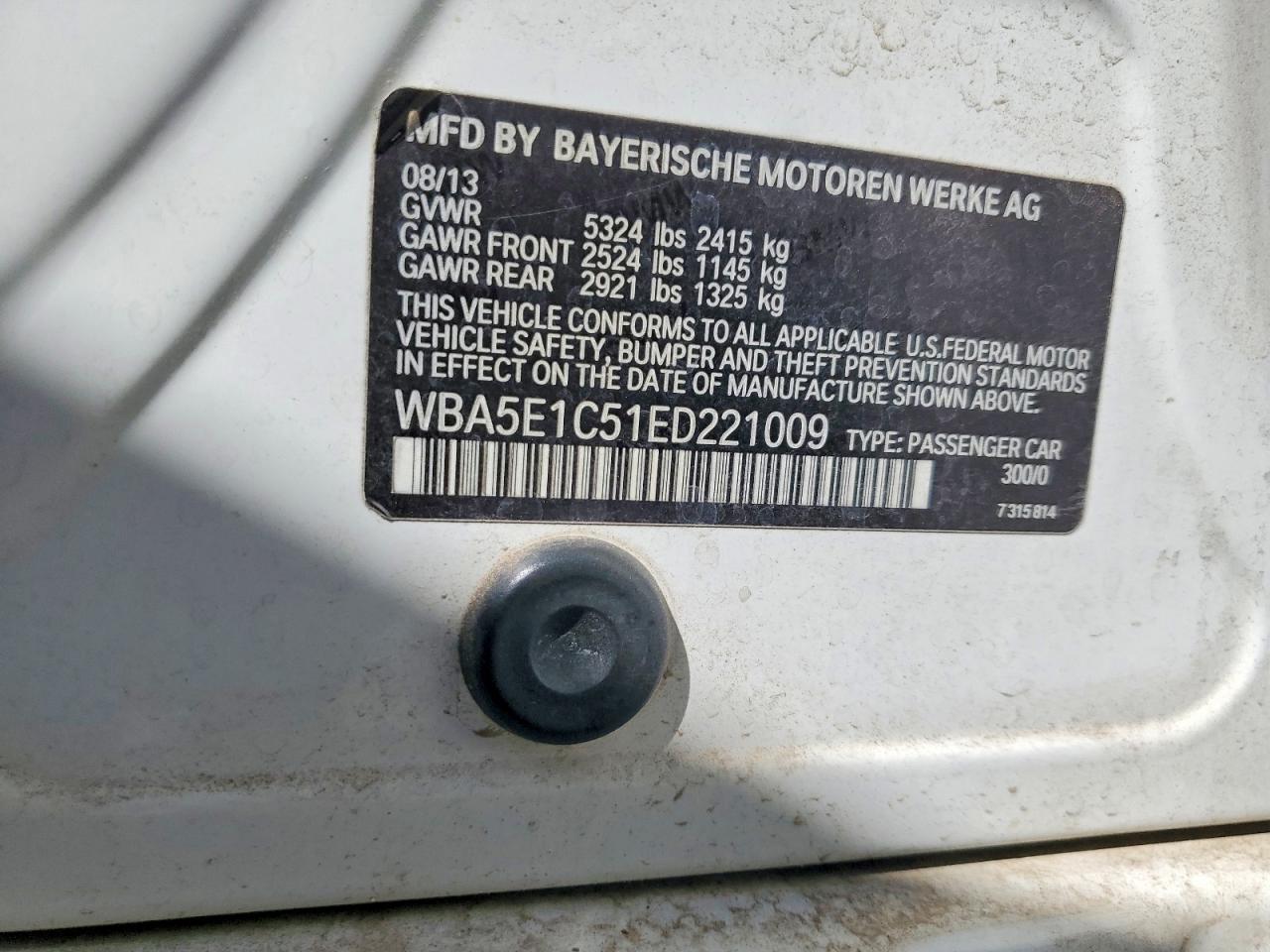 2014 Bmw Activehybrid 5 White vin: WBA5E1C51ED221009