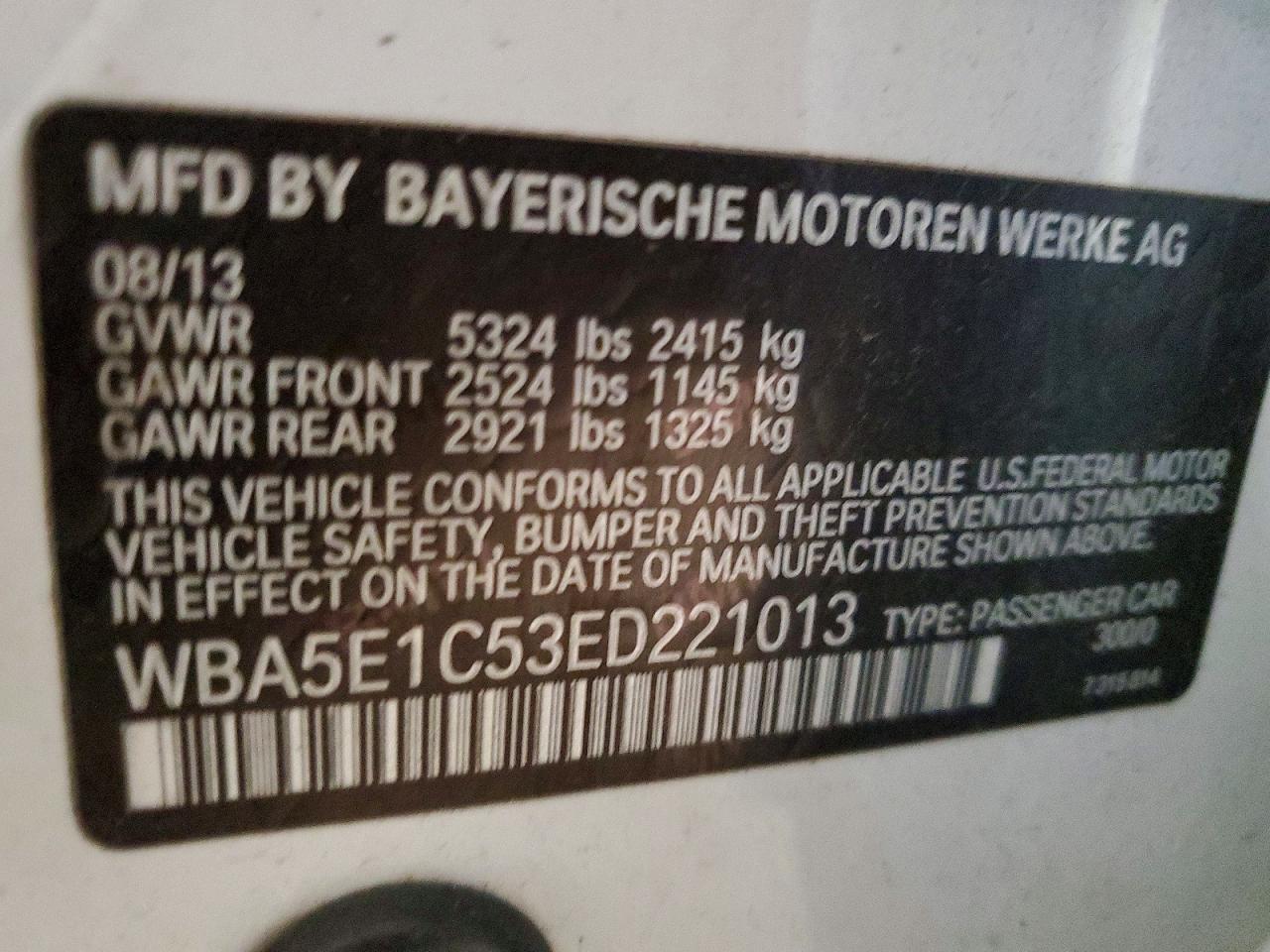 2014 Bmw Activehybrid 5 White vin: WBA5E1C53ED221013