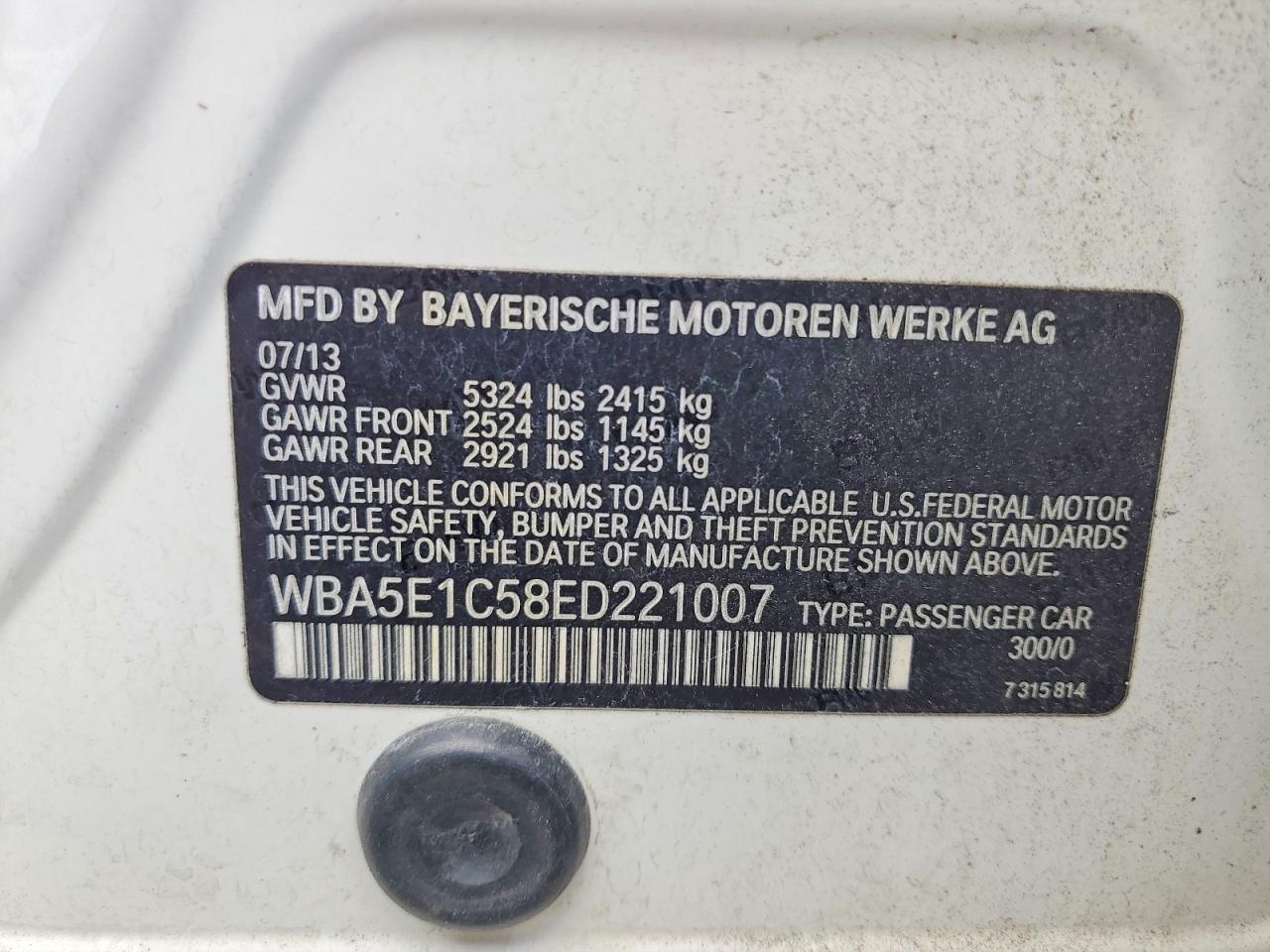 2014 Bmw Activehybrid 5 White vin: WBA5E1C58ED221007