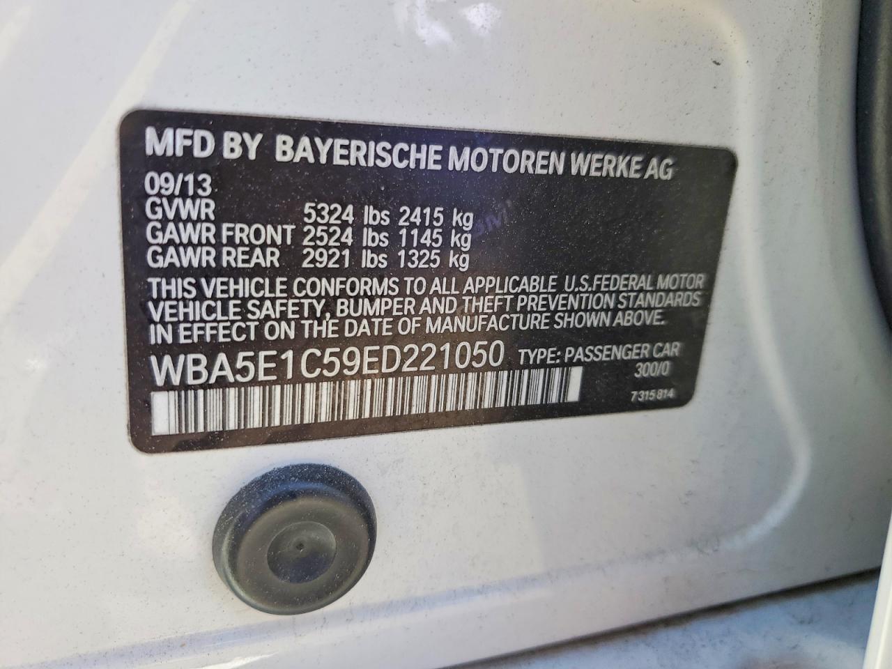 2014 Bmw Activehybrid 5 White vin: WBA5E1C59ED221050