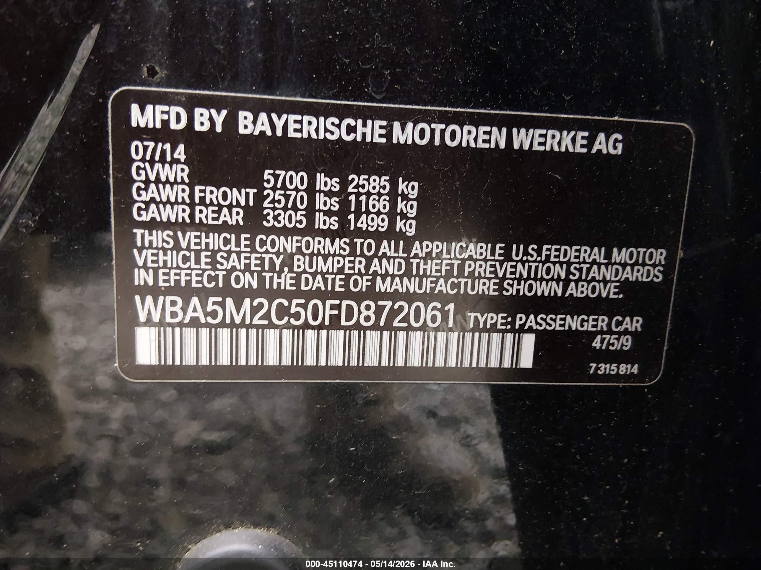 2015 Bmw 535i Gran Turismo Black vin: WBA5M2C50FD872061