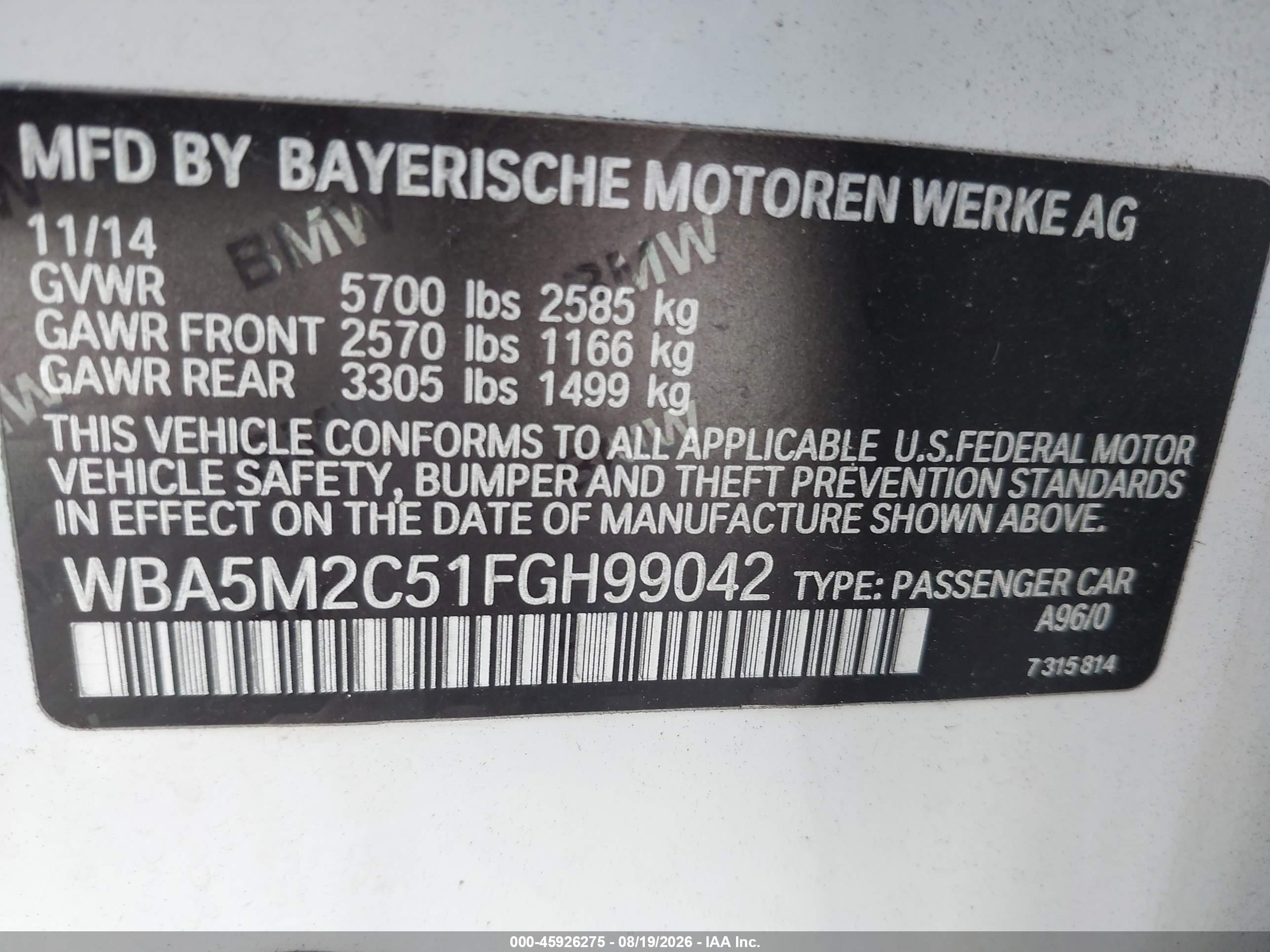 2015 Bmw 535i Gran Turismo   White vin: WBA5M2C51FGH99042