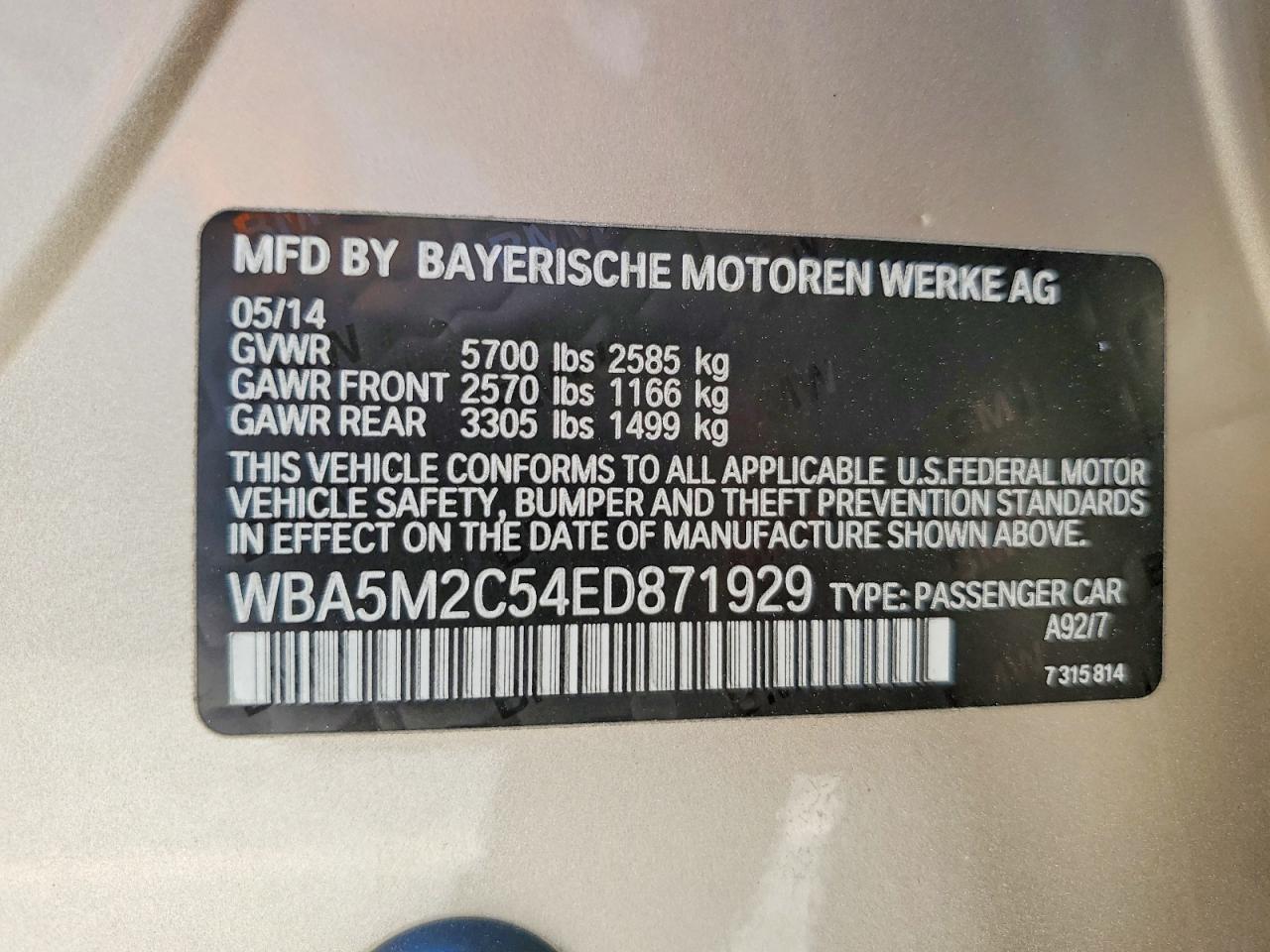 2014 Bmw 535 Igt Gold vin: WBA5M2C54ED871929