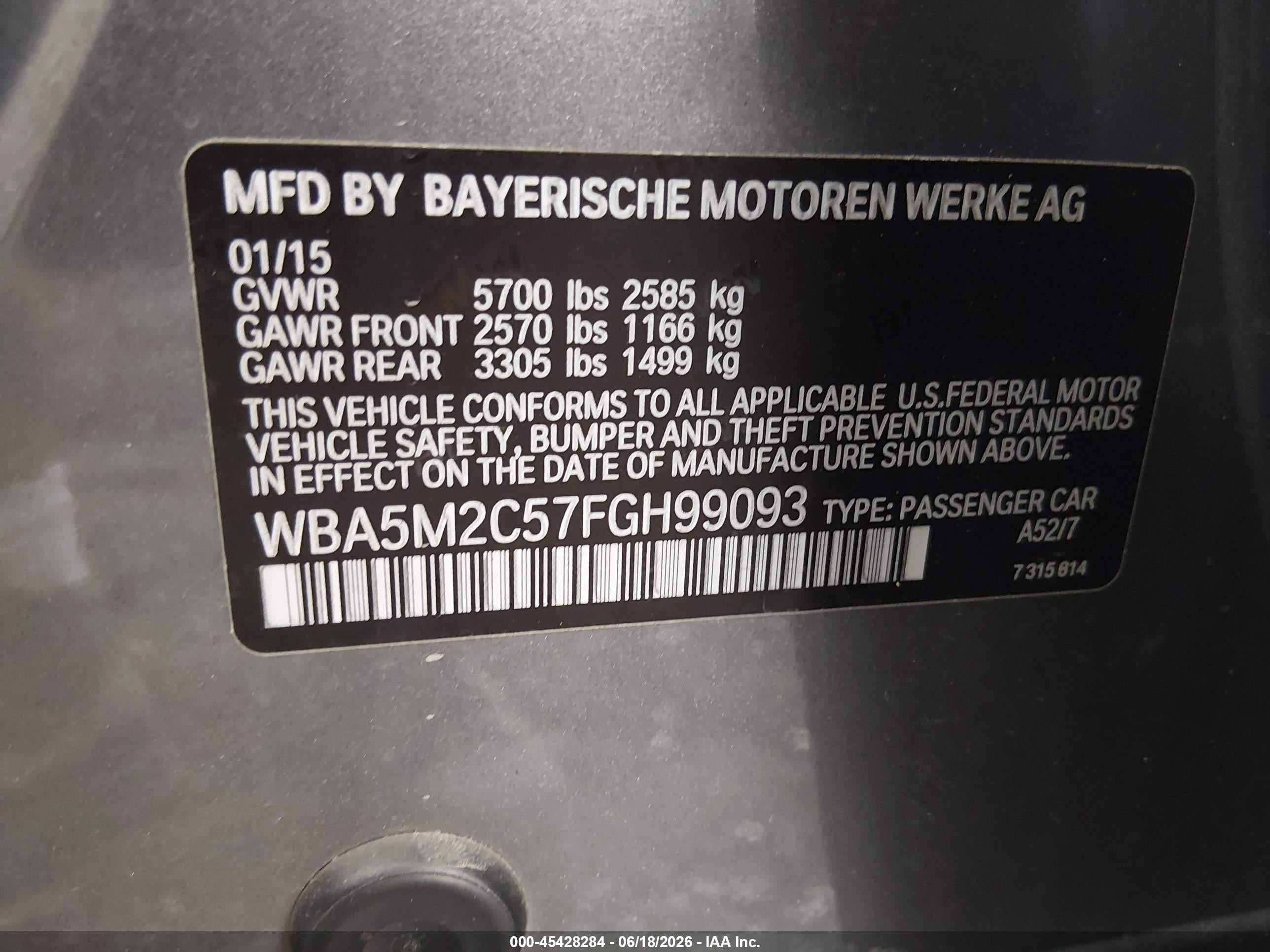 2015 Bmw 535i Gran Turismo   Gray vin: WBA5M2C57FGH99093