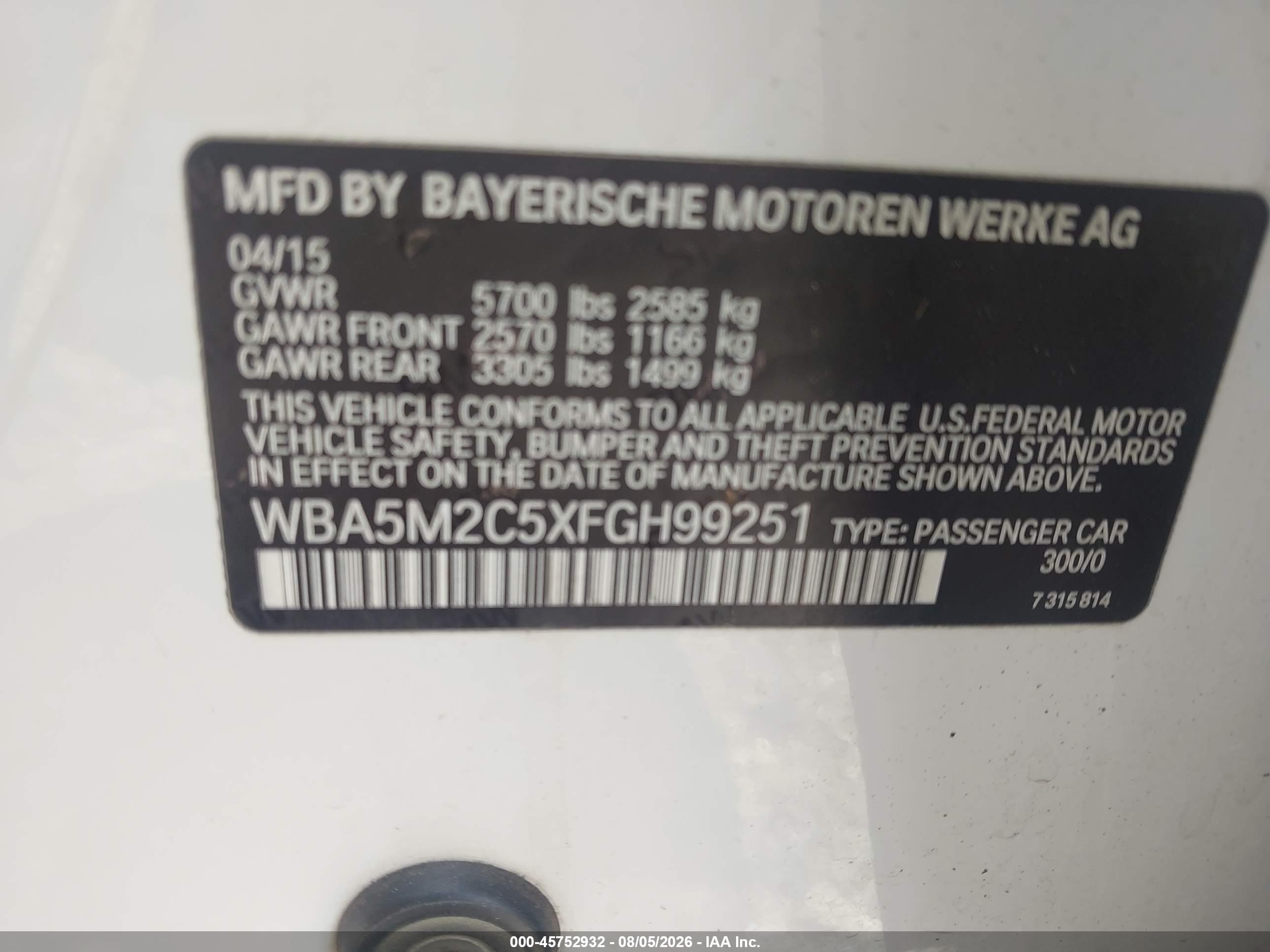 2015 Bmw 535i Gran Turismo   White vin: WBA5M2C5XFGH99251