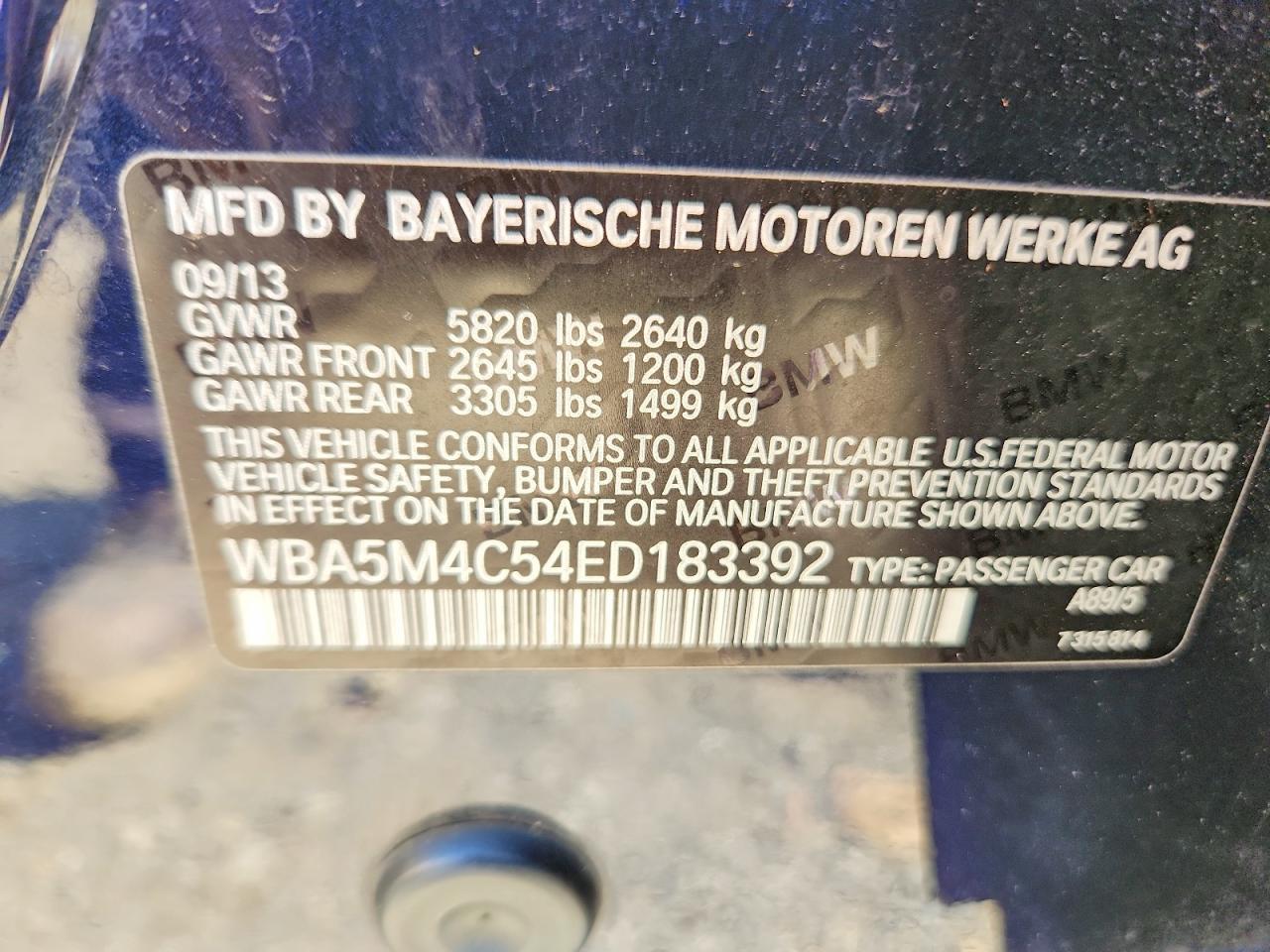 2014 Bmw 535 Xigt Blue vin: WBA5M4C54ED183392