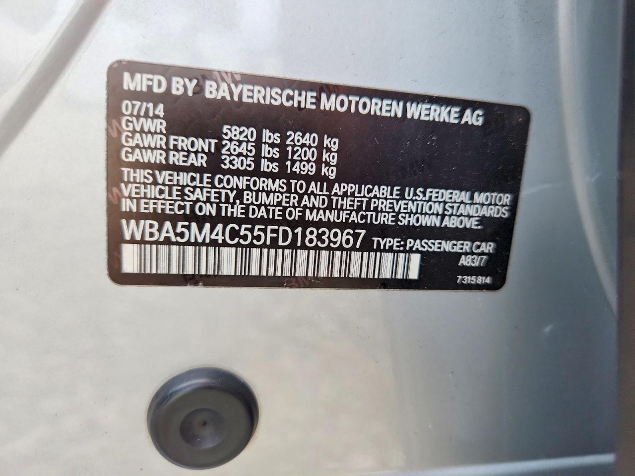 2015 Bmw 535 Xigt Silver vin: WBA5M4C55FD183967